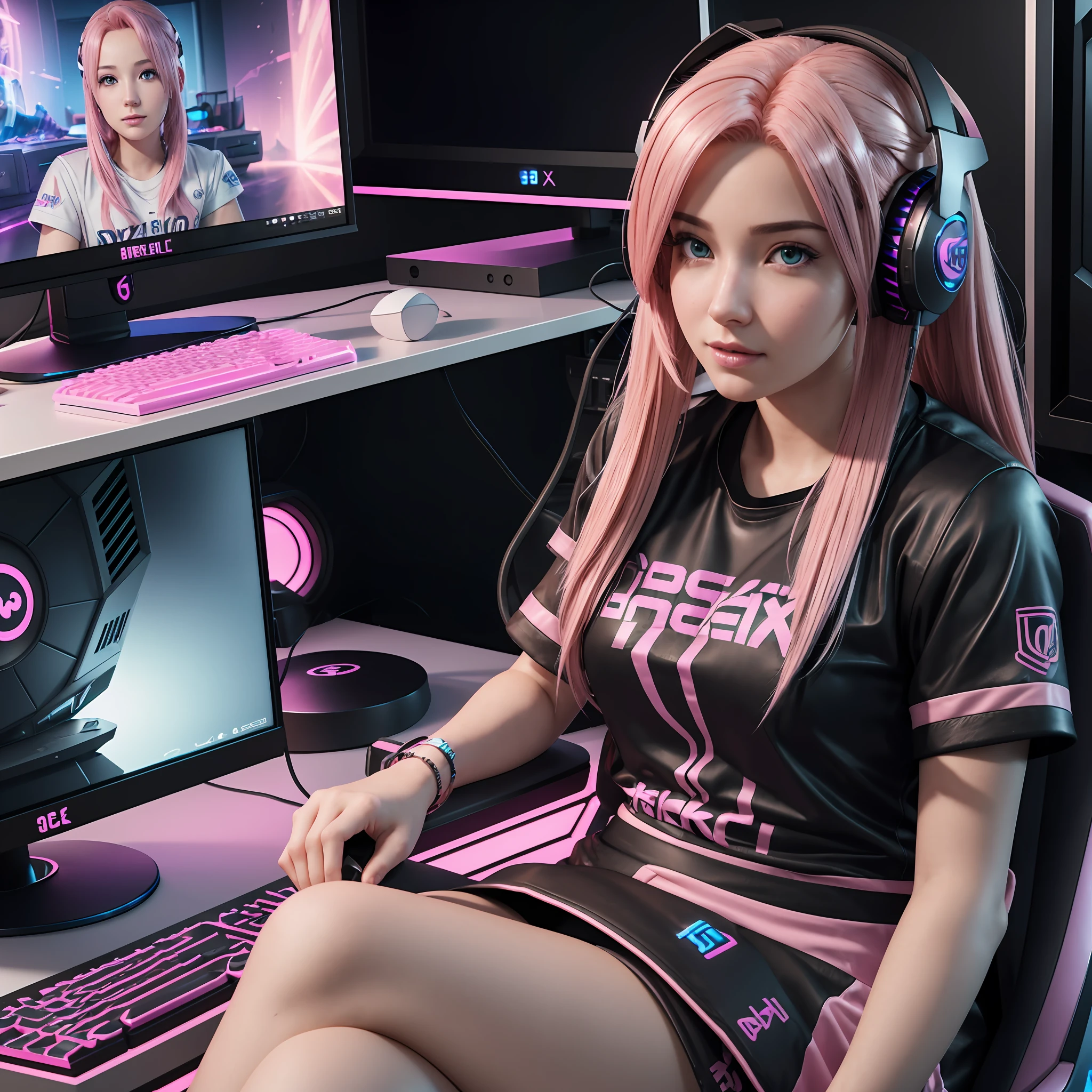 (Hyper realistic, highly detailed, Octane render) A beautiful E-girl with pink hair sitting infront of a Gaming Computer with Discord, (Real life looks, real skin, 8k), looking directly at the camera with a playful, Gamer, Twitch Streamer
