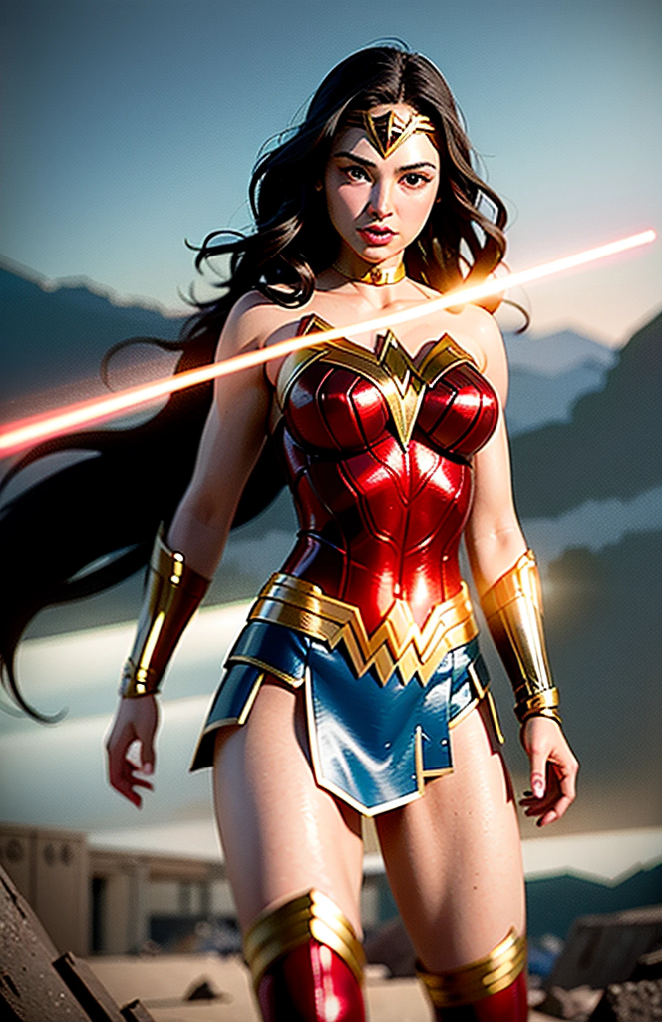 Gal Gadot as Wonder Woman, her black armor reflecting starlight, examining the ruins of a long-lost city., Surrealism, ray tracing, cinematic lighting, masterpiece, anatomically correct, high details, super detail, best quality, highres, 8k, 16k
