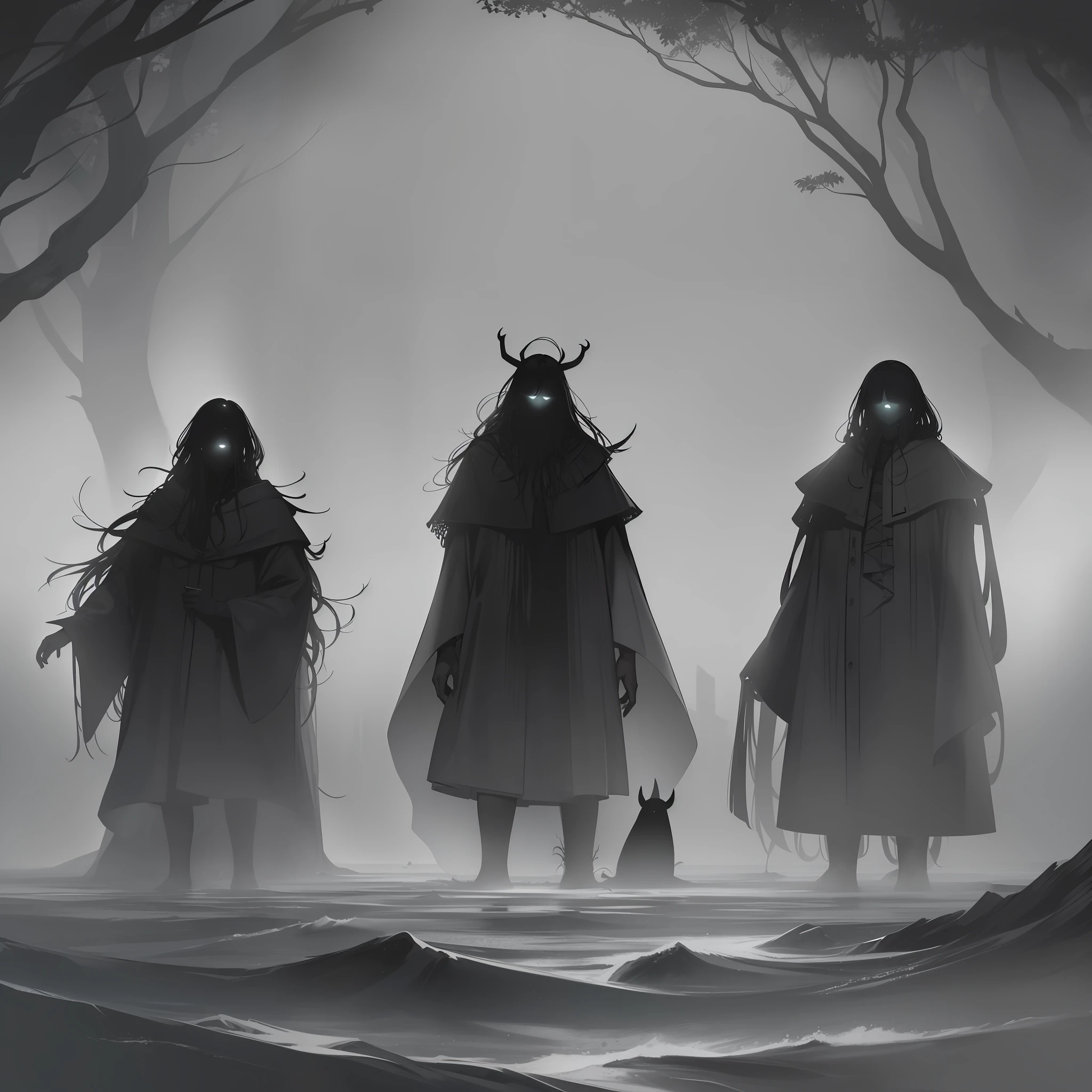 The black shadows of the seven ghosts standing in a row on the shore of the thick fog, there are no ships, no houses, no buildings, no islands, there is only the edge of the waves, all the ghosts are hanging their arms loosely, only the ghosts floating in the thick fog are illuminated, the black shadows create an eerie atmosphere