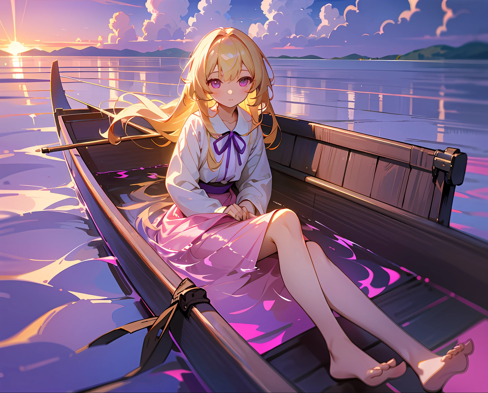 Sea of clouds, colorful clouds, raft, young girl, alone, fantastic long hair, blonde hair, purple on the inside of the hair, delicate and beautiful face, gentle expression, sitting on a raft, barefoot, ribbon around the side, bathing in the sun, glowing pink eyes, transparent skirt