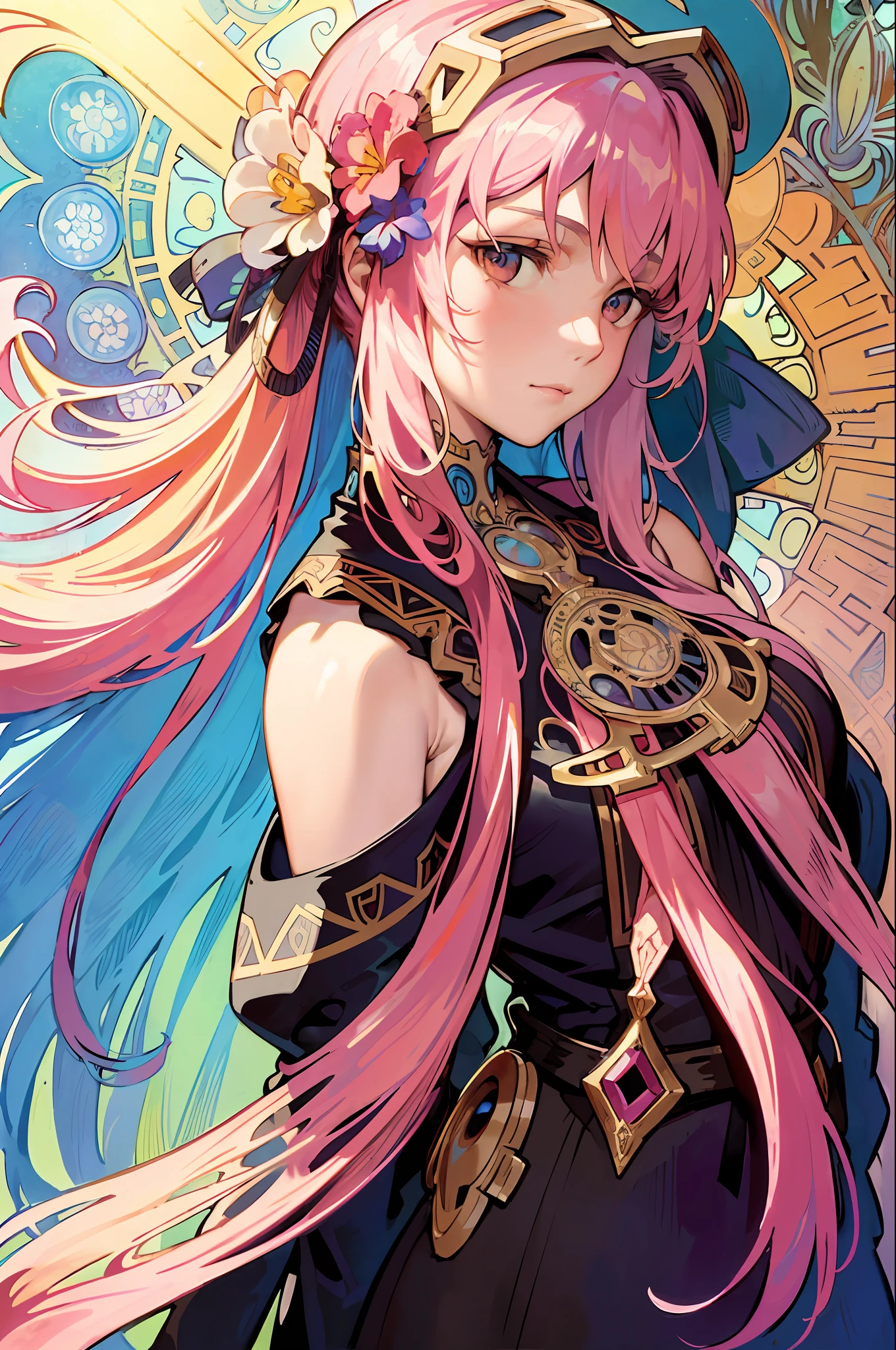 (Alphonse Mucha: 1.4), Face portrait of European beauty, long hair, pink hair flower decoration, (detail + intricate detail: 1.2), 4K, abstract art, line art, side face, colorful, Fibonacci, Mucha style