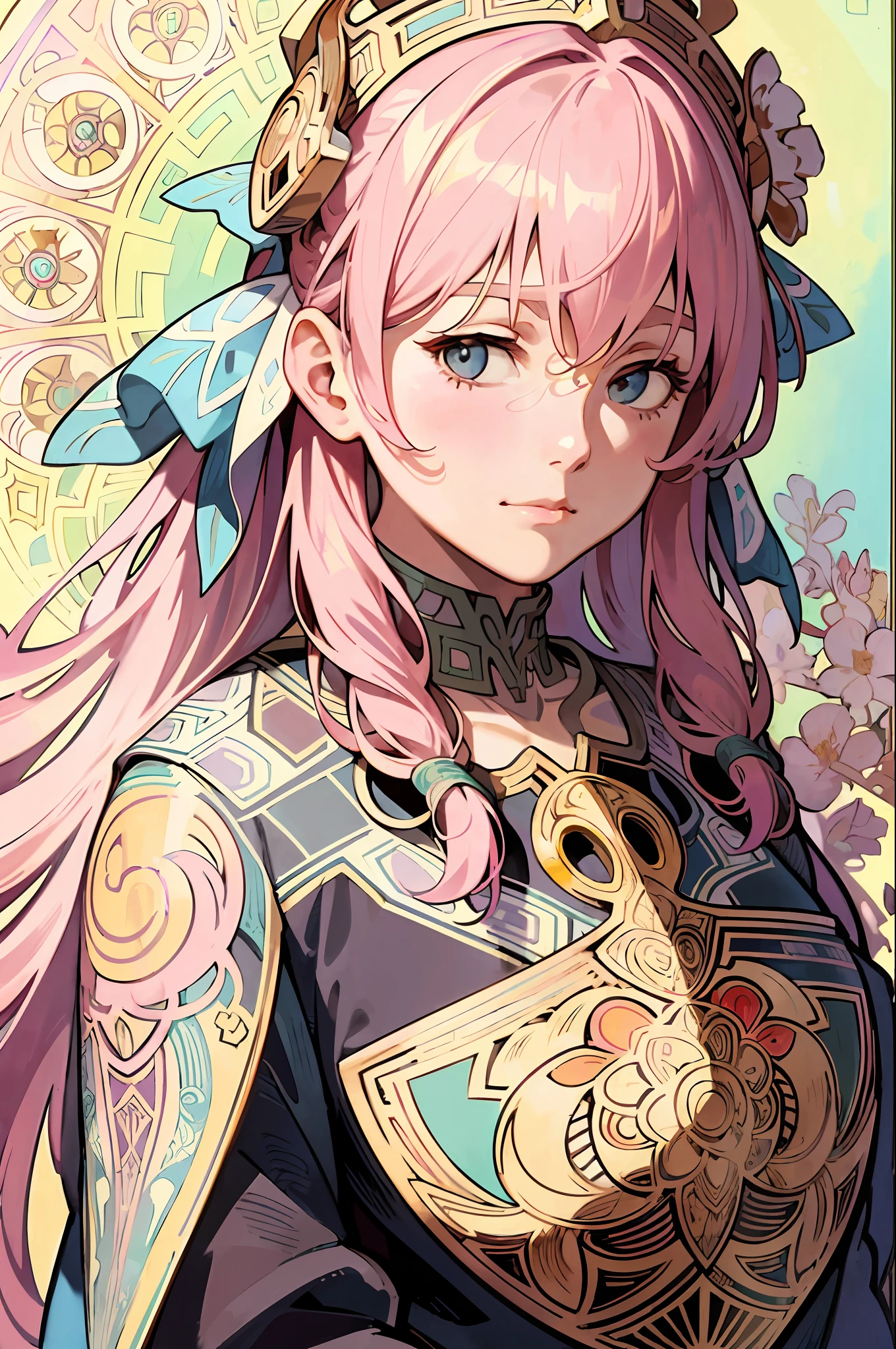 (Alphonse Mucha: 1.4), Face portrait of European beauty, long hair, pink hair flower decoration, (detail + intricate detail: 1.2), 4K, abstract art, line art, side face, colorful, Fibonacci, Mucha style