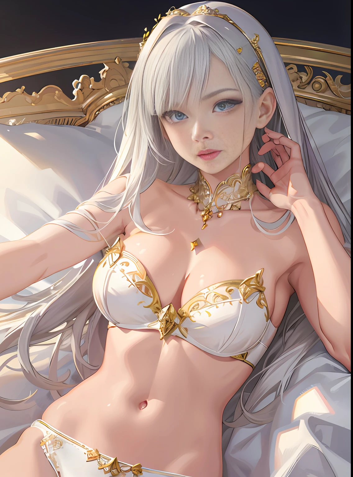 Bedroom, lying down, silver hair, solo, navel, gal, open clothes, see through bikini, micro bikini, blush, angry face, protruding areola,( dark skin:1.1), huge breasts, POV ,wet cleavage, (thick thighs), 4k hd, ultra realistic, perfect body, perfect lips, perfect nose, perfect eyes, nice deatiled belly, see through clothing, spread legs, looking at the viwer.