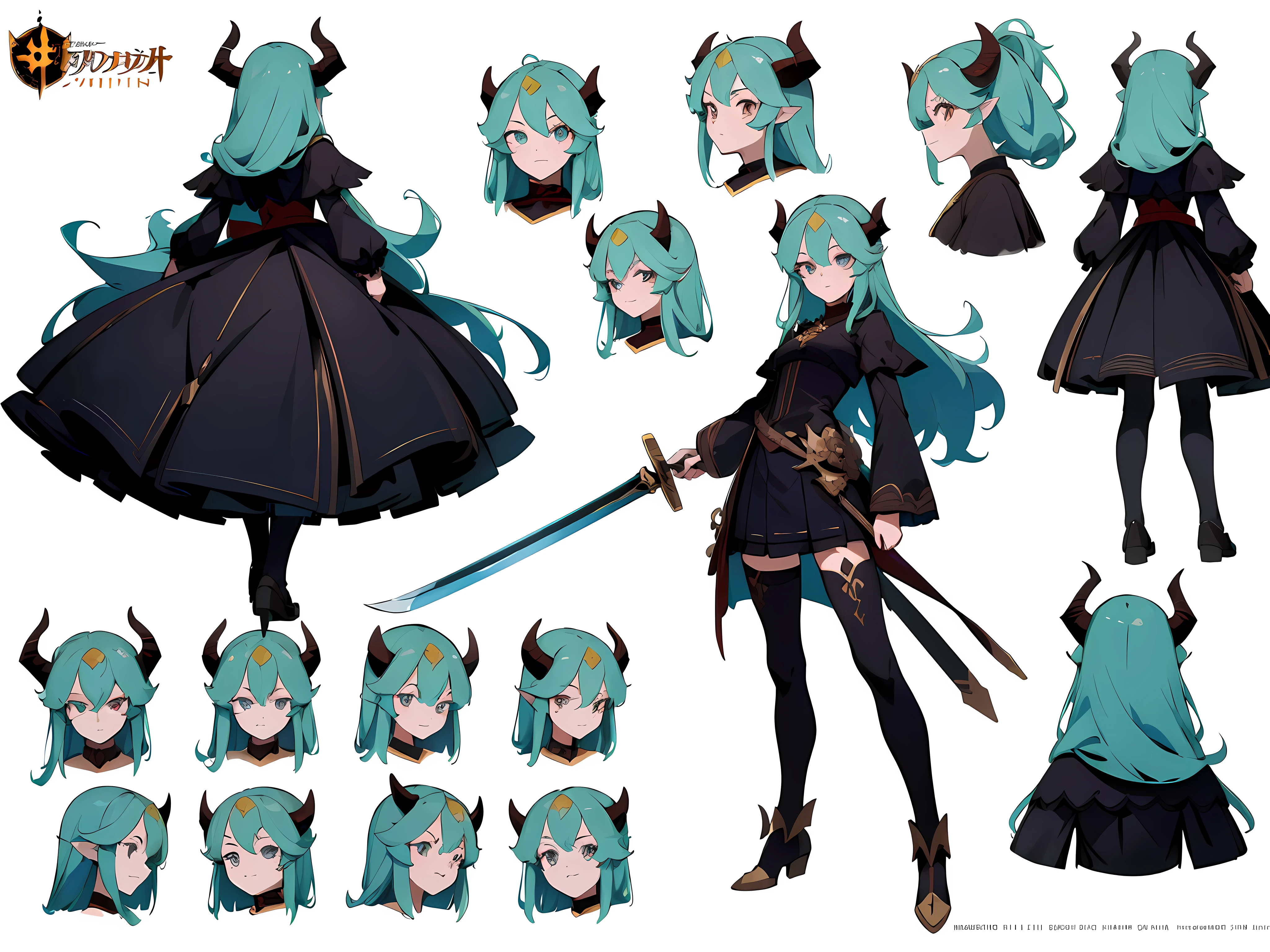 ((masterpiece)),(((best quality))),((character design sheet,same character,front,side,back)),illustration,1 girl,long hair,hair on eyes,beautiful eyes,environment Scene change, pose too, female demon, horns, holds a sword, charturnbetalora, (simple background, white background: 1.3)