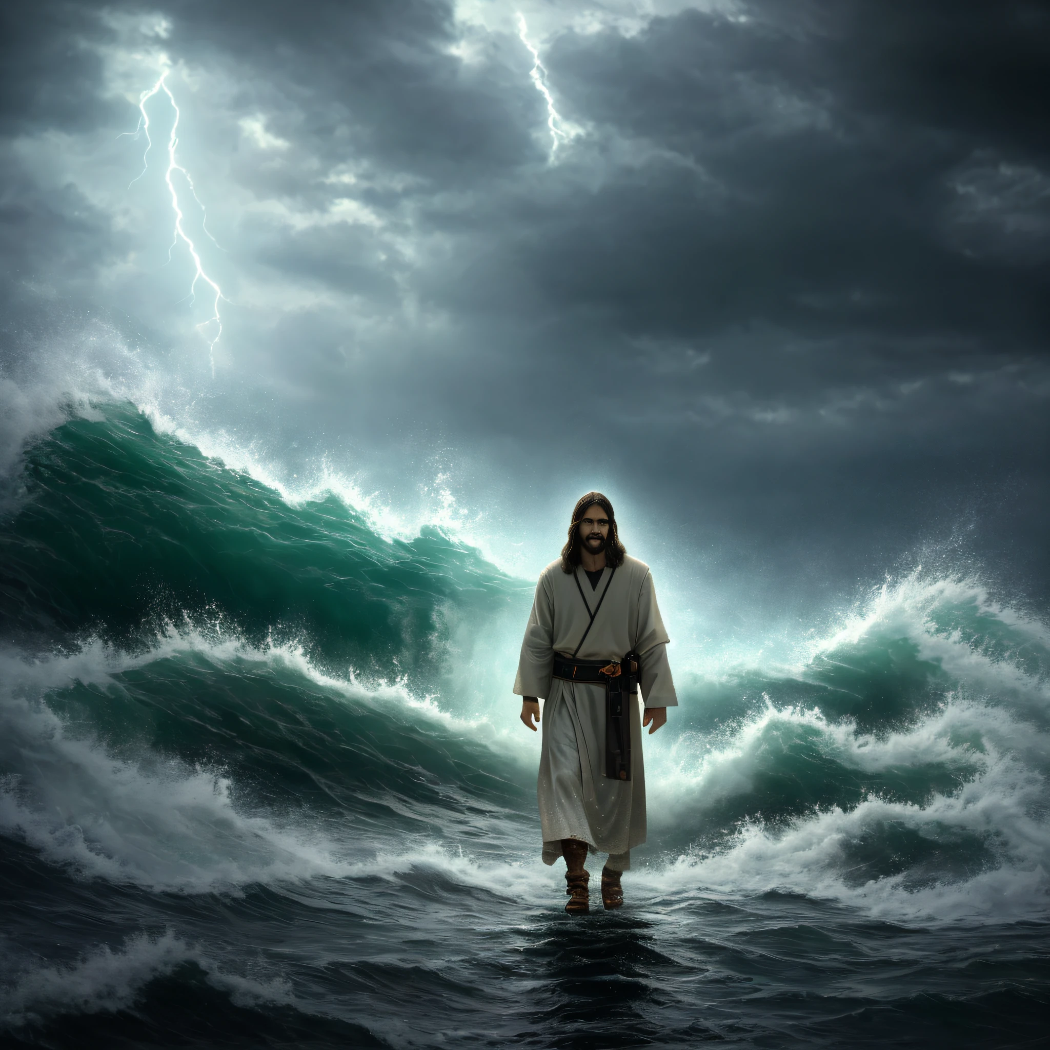 jesus walking on water in a storm, masterpiece, best quality, high quality, extremely detailed CG unit 8k wallpaper, award winning photography, Bokeh, Depth of Field, HDR, bloom, Chromatic aberration, photorealistic, extremely detailed, trending on artstation, trending on CGsociety, intricate, high detail, dramatic, mid-journey art, volumetric lighting