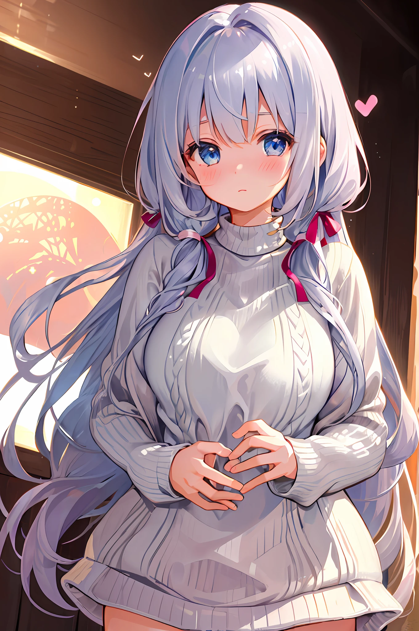 (((Masterpiece))), top quality, super detailed, blush, cute and playful, sweaters, knitwear, ribbons, cheerful, silvery hair, fluffy hairstyle, huge, heart-blowing eyes, sweet look.
