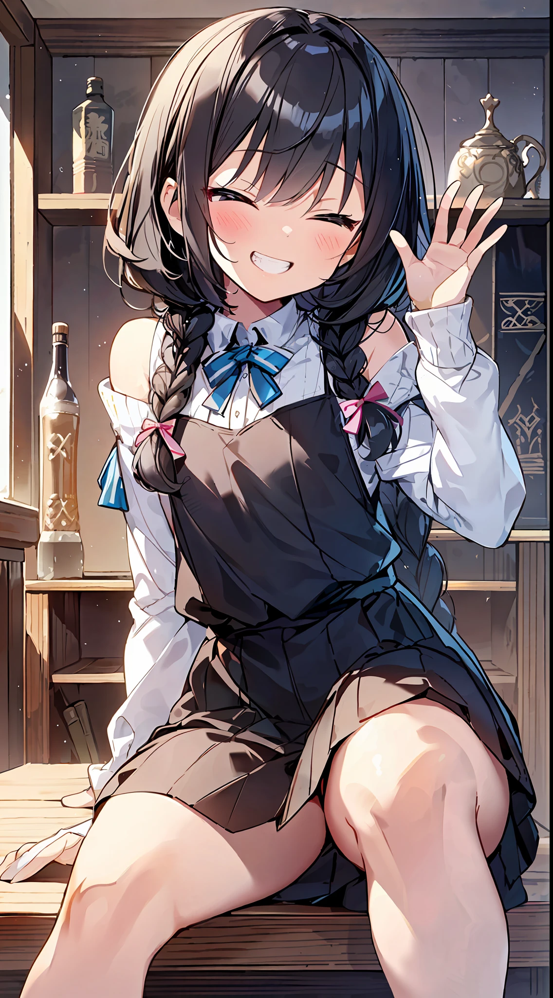 Top Quality, Best Masterpiece, Ultra High Definition, 8K, White Sweater Vest, Anime Style Little Loli, Single, Ultra Detailed Line Art, Digital Enhancement, Anime Core, Flowing Fabric, Close Up, ((Hair length to shoulder and short braid)), staring at us from the front, Soft drawing, Beautiful black hair, (((Little girl in anime style)), Crisp eyes, grin, teeth, wide mouth, closed eyes, highfive, ultra-detailed digital anime art, clear face depictions, ultra-detailed anime character art, ultra-detailed manga style, top quality colors, hand gestures, foot-up angles, indoors