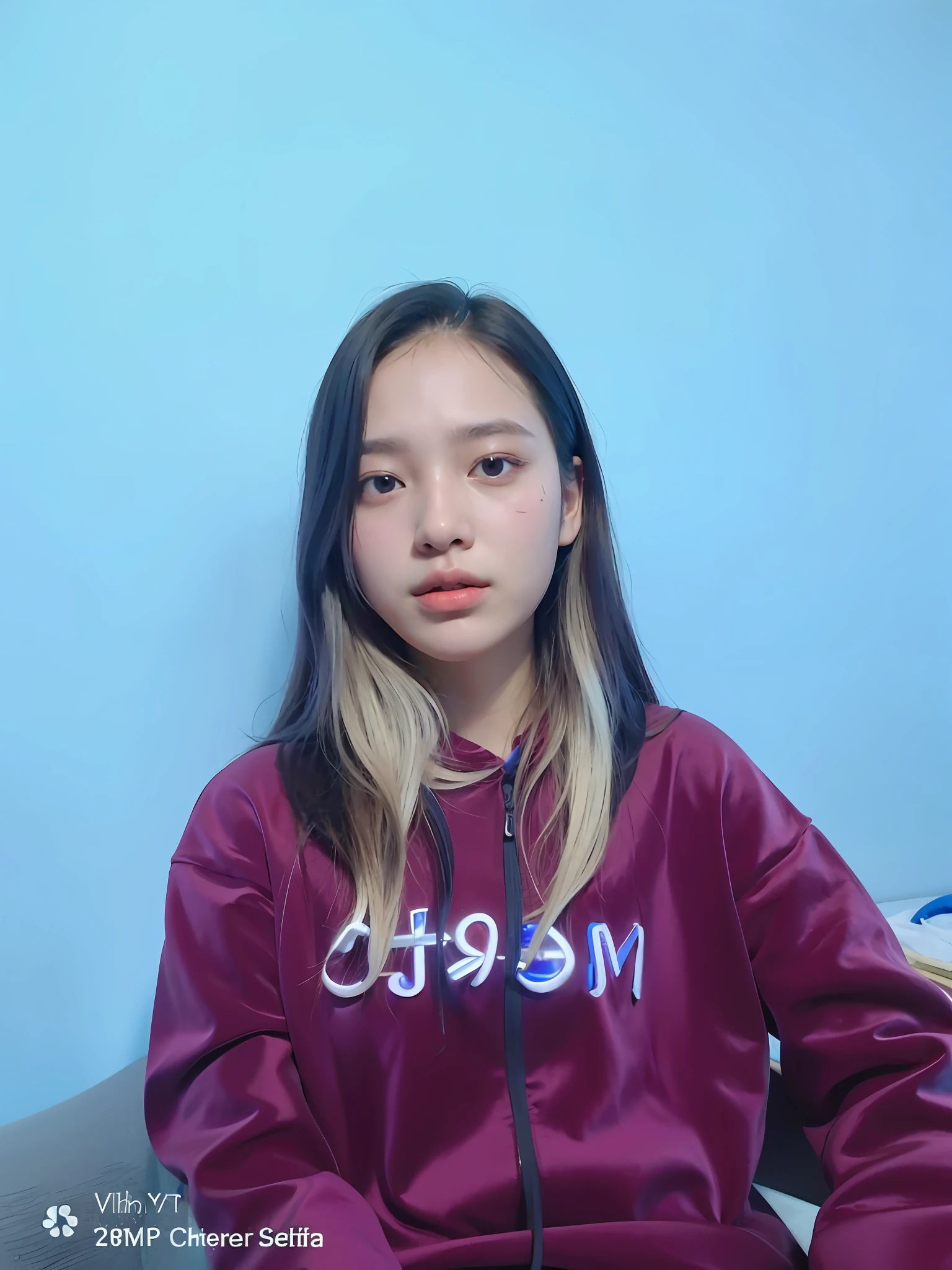 there is a young girl sitting on a couch with a blue wall behind her, 18 years old, with long hair, nivanh chanthara, 1 6 , with accurate face, picture, potrait, dang my linh, profile pic, a picture, with kind face, student, protrait, photo taken in 2 0 2 0