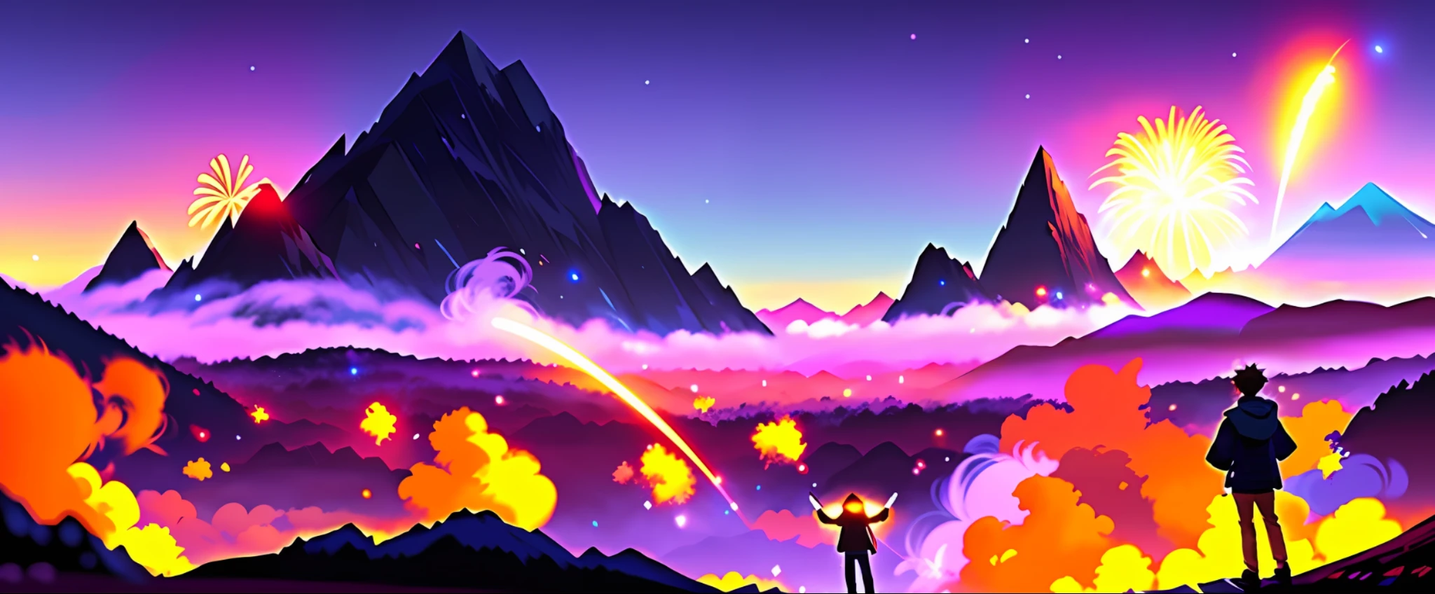 anime scene of a man standing in front of a mountain with a firework, makoto shinkai cyril rolando, anime epic artwork, anime landscape wallpaper, atey ghailan 8 k, amazing wallpaper, studio ghibli and dan mumford, cyril rolando and goro fujita, studio glibly makoto shinkai, anime art wallpaper 4 k, anime art wallpaper 4k