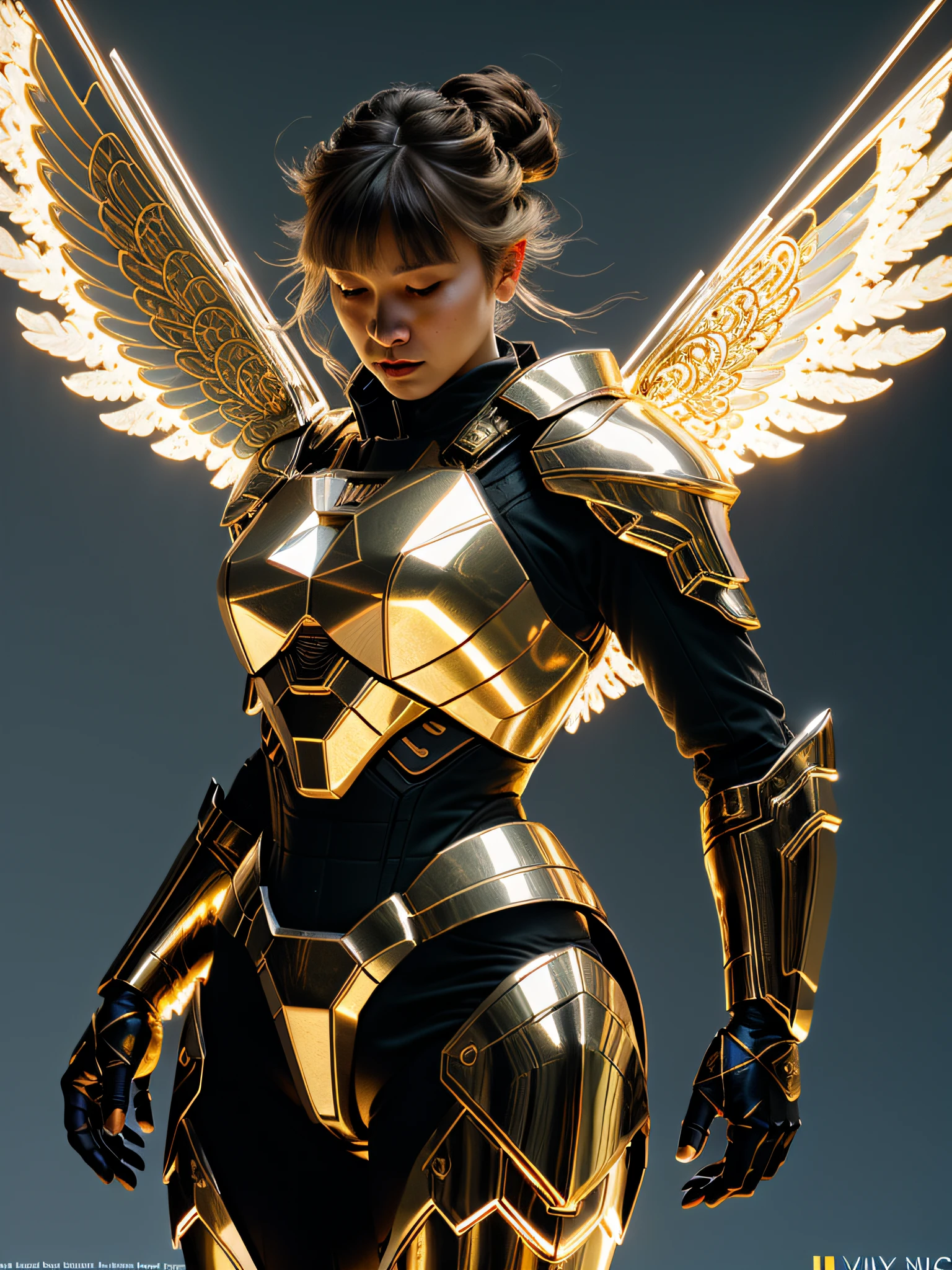 Valkyrie of War, Huge Wings, Metallic Glowing Wings, Six Wings, Golden Glow Background, White Gold Armor, Golden Aperture at Back, Blonde Hair, Double Bun, Bangs, Halo, Glare, Jitome, High Detail, Film Lighting, Film Grain, Lens Glow, Cowboy Lens, Verism, God Ray, 8k, Super Detail, High Detail