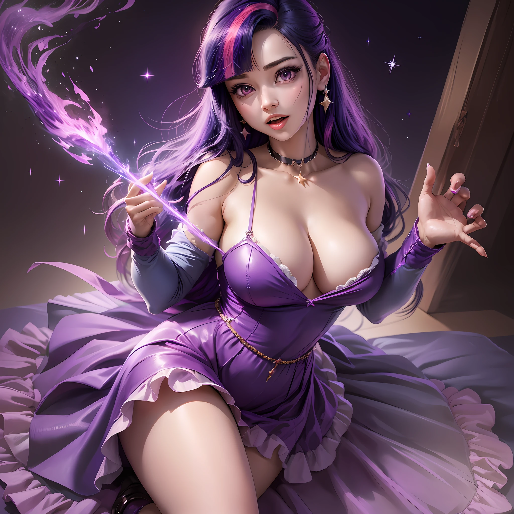 Twilight Sparkle, Twalight Sparkle from my little pony, Twalight Sparkle in the form of a girl, in a purple dress, kubluki, big breasts, lush breasts, voluminous breasts, elastic breasts, closed breasts, at the disco, star earrings