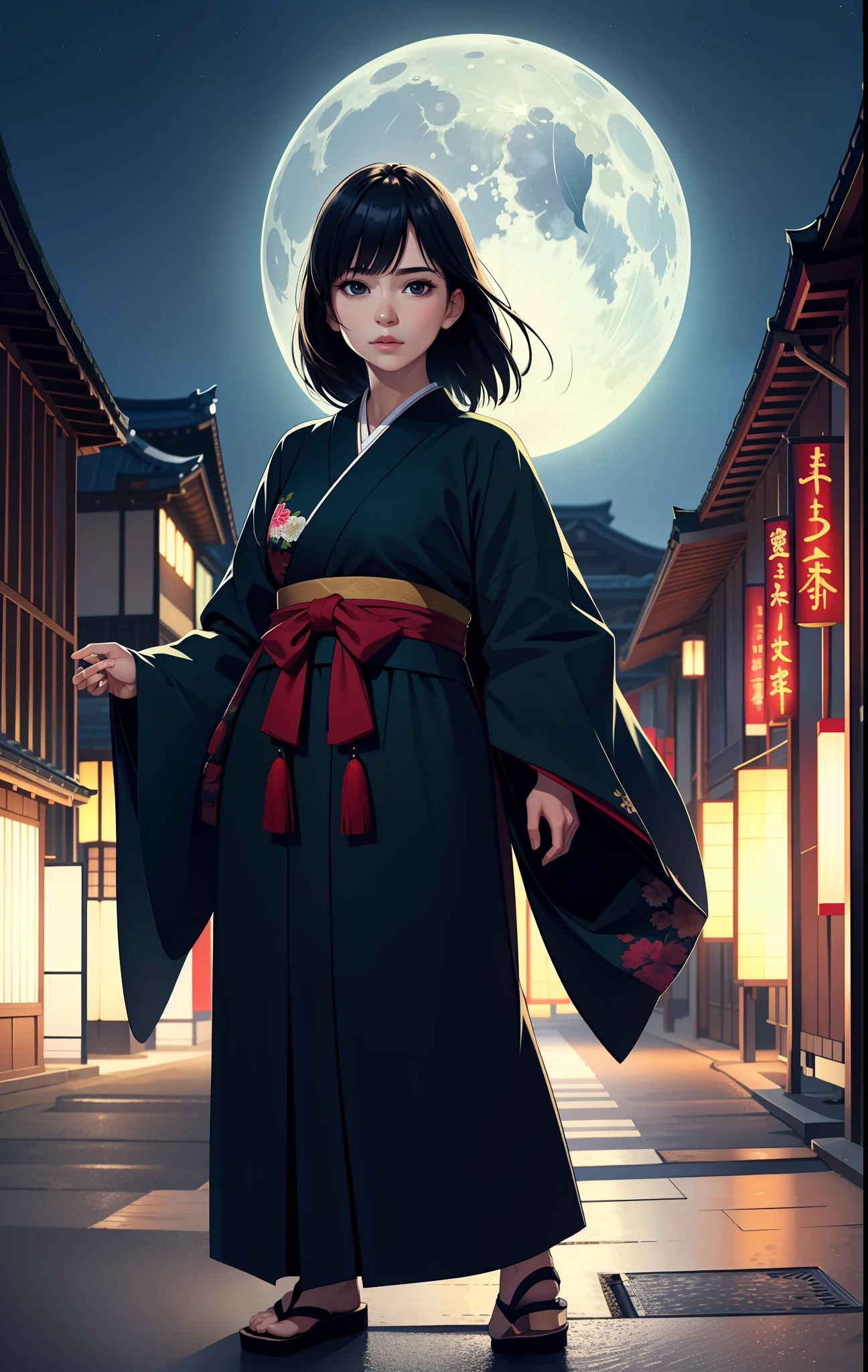 photorealistic, (hyperrealistic:1.2), beautiful, masterpiece, best quality, extremely detailed face, perfect lighting, full body, full moon, night, dark, outdoors, nature, scenery, tokyo, japanese clothes,