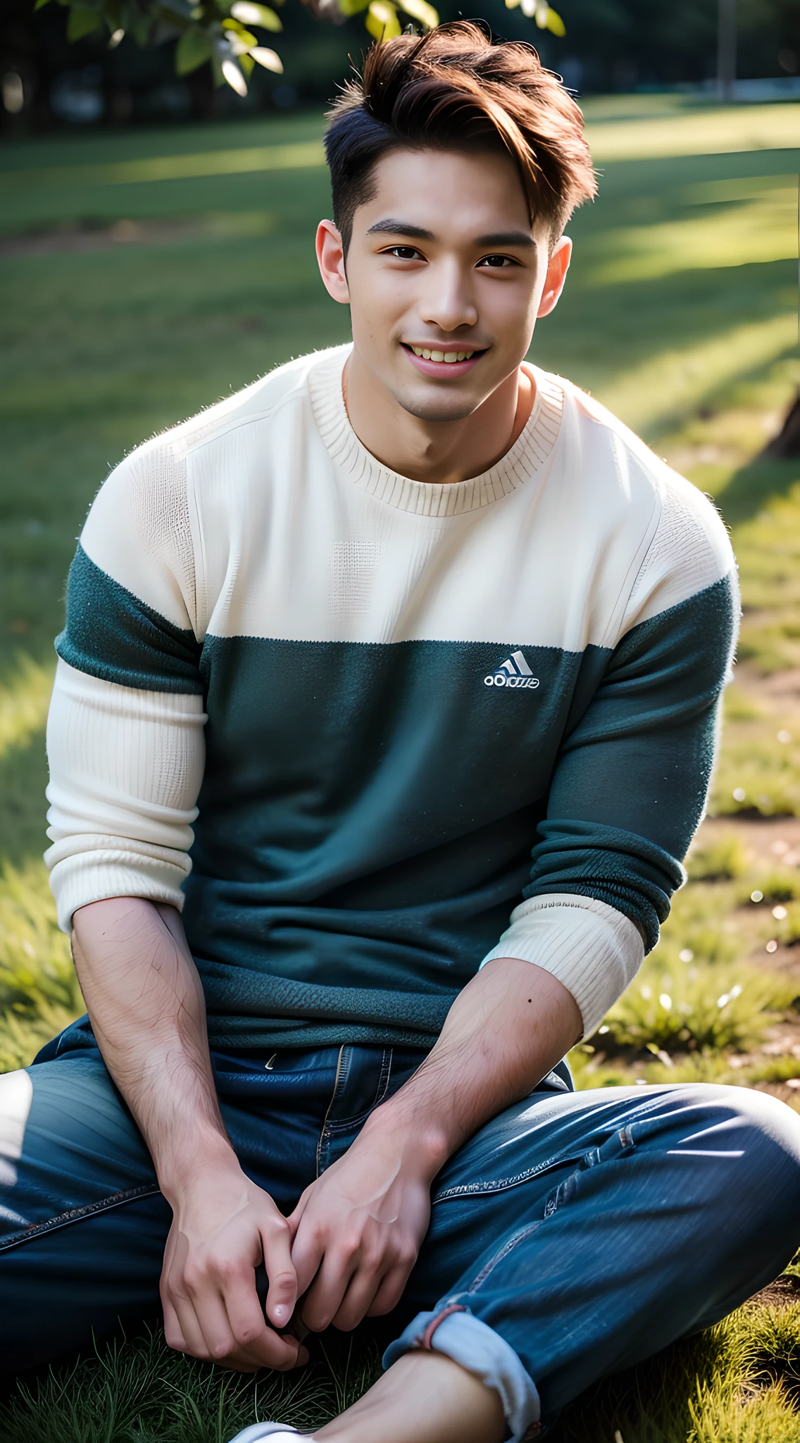 (One), (handsome man), young handsome Bodybuilder spread his legs on the grass in the park, mischievous smile, (high detail: 1 1), natural skin, high quality, beautiful eyes, (detailed face and eyes), (face: 1 2), noise, real photo, PSD, sharp focus, high resolution 8K, Realistic and professional photos, 8K UHD, soft lighting, high quality, film grain, FUJIFILM XT3
