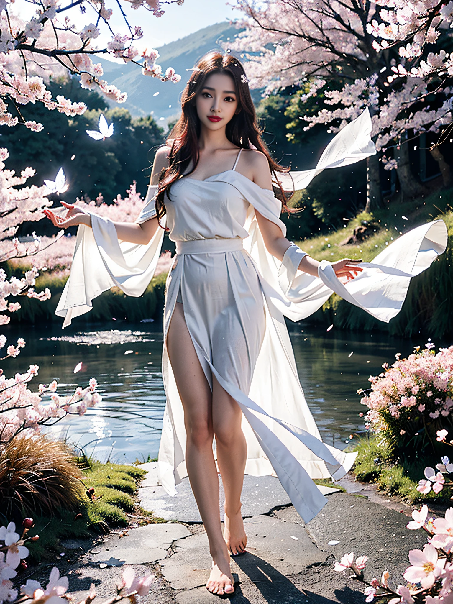 (RAW photo, best quality),(realistic, photo-realistic:1.3),masterpiece,extremely detailed,CG,unity,2k wallpaper,Amazing,finely detail,light smile,extremely detailed CG unity 8k wallpaper,huge filesize,ultra-detailed,highres,absurdres,soft light, 1girl,(circa 18),with ethereal beauty,porcelain skin,exquisite appearance,golden eyes,small mouth,(red lips:1.3),(light smile:1.3),(tear drop:0.7),flowing hair,(hairpin:0.7),(white robes:1.2),(blue sash:0.8),(sleeveless:0.9),(exposed shoulders:1.2),(barefoot:1.1),(floating in air:1.3),(glowing aura:1.4),(suspended petals:1.2),(butterflies:1.1),mountain,(misty:0.9),(waterfall:0.8),(cherry blossom trees:1.3),(flying birds:0.7),(dramatic lighting:1.2),(cinematic composition:1.3),(dreamlike:1.3),(ethereal music:1.4)