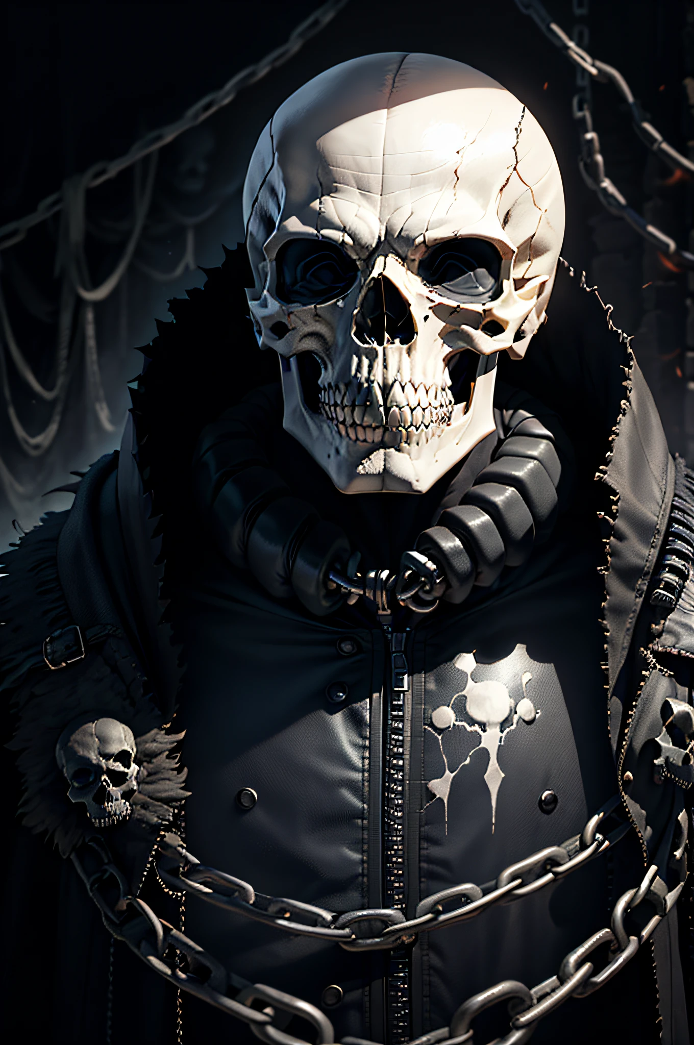 skull of megadeth Vic Rattlehead ,dark ,chains coming out of his ears, a metal plate covering his eyes, cavernous, very terrifying very scary monochrome, shades of gray, solo, 1boy, male focus, smoke background, bald, black background, upper body, looking down, (mask), facing down, (((skull))), black eyes, ((black sclera)), red cloak, body of bones, crumpled skin, skin fragmentation, fragmented skin, crumpled skin, cracked skin, skin torn into pieces