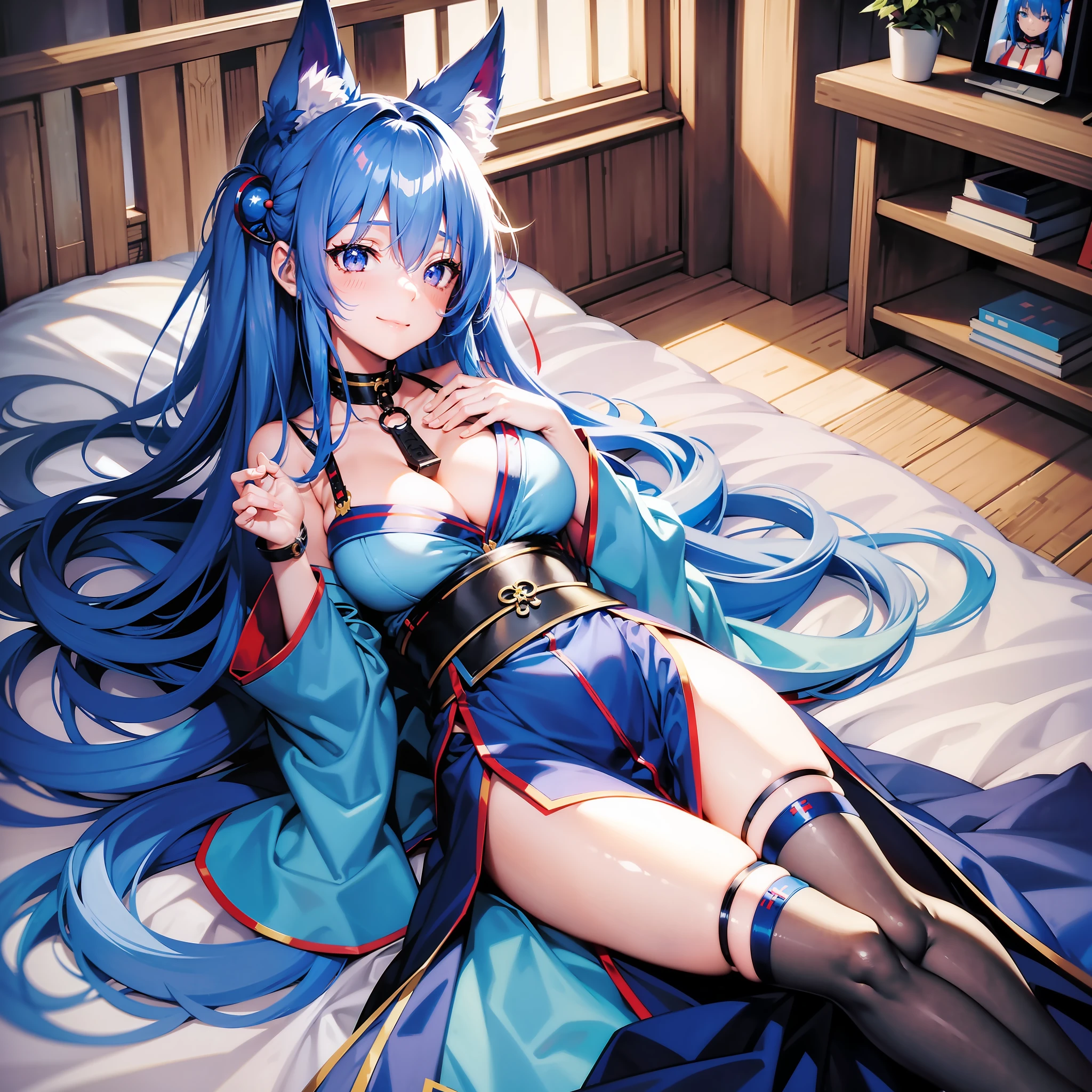 1girl, Short, smile, blue kimono, full body, large thighs, long blue hair, blue hair top, chained lower red hair, blue fox ears, blue fox tail, big bust, gray eyes, gray pupils, lying in bed, bedroom, scanned, , Hedda Sterne