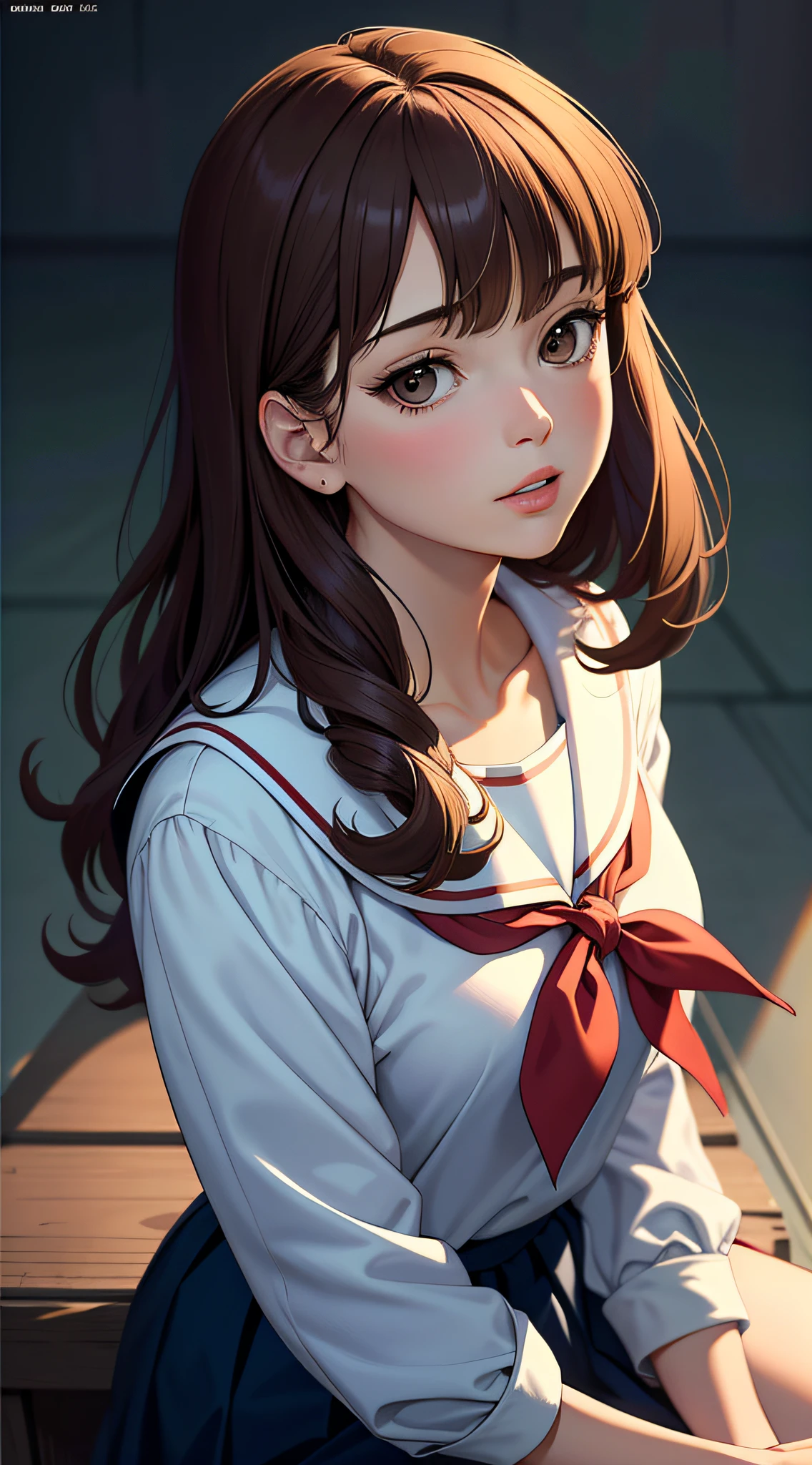 masterpiece, top quality, high resolution, portrait, manga style, line art, looking up, solo, perfect face, super beauty, princess cut, midium hair, bring bangs, sailor suit, brown hair, draw from head to chest, head does not flame out