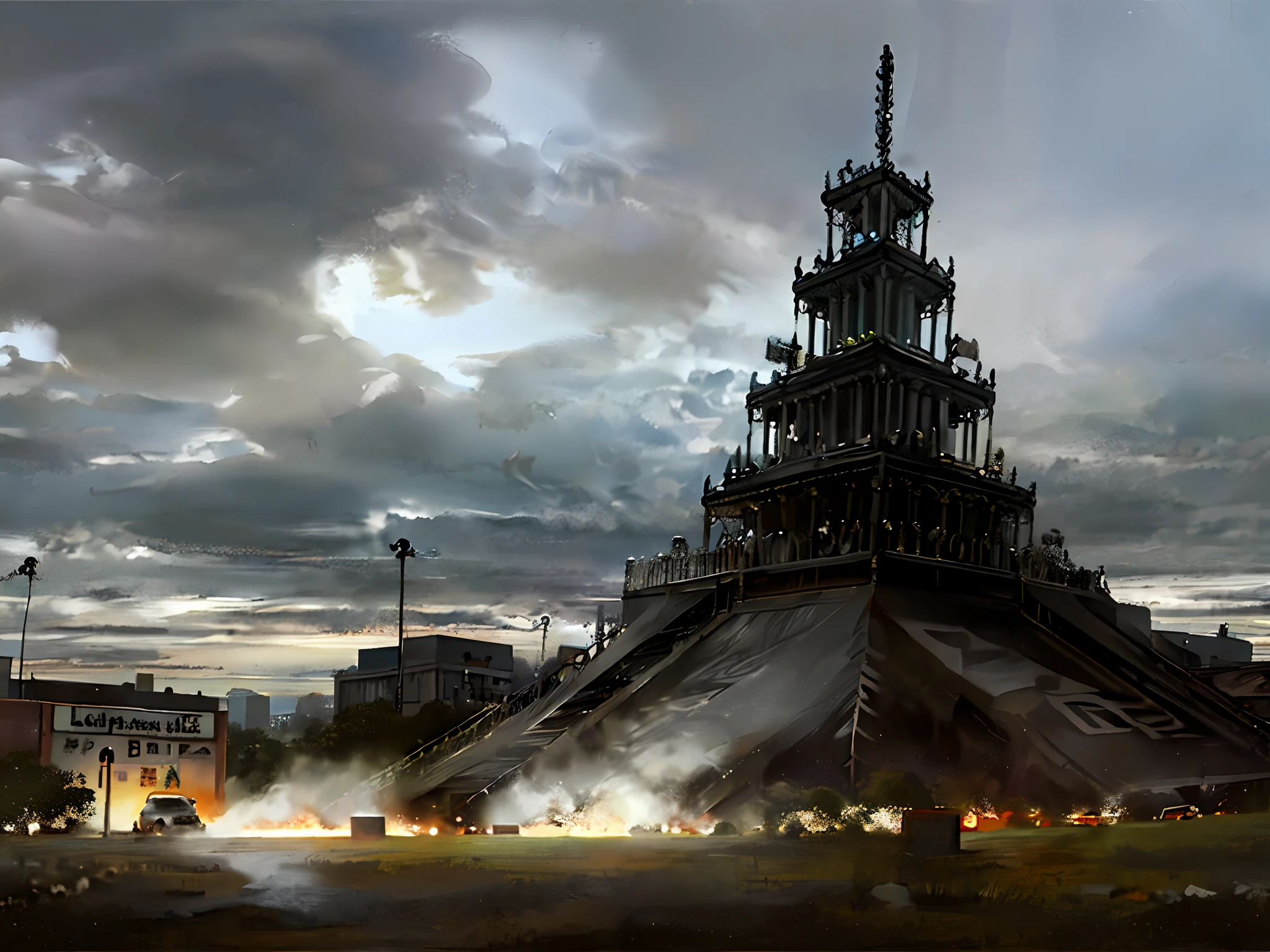 Terrifying photo,dark night,sky with lots of clouds,rain and lightning, an amusement park,old,dirty and macabre in the background,left in foreground a sinister carousels, decaying Ferris wheels, roller coasters, movie scenes,ultra realistic, very detailed, ultra high resolution, 8K UHD --v 6