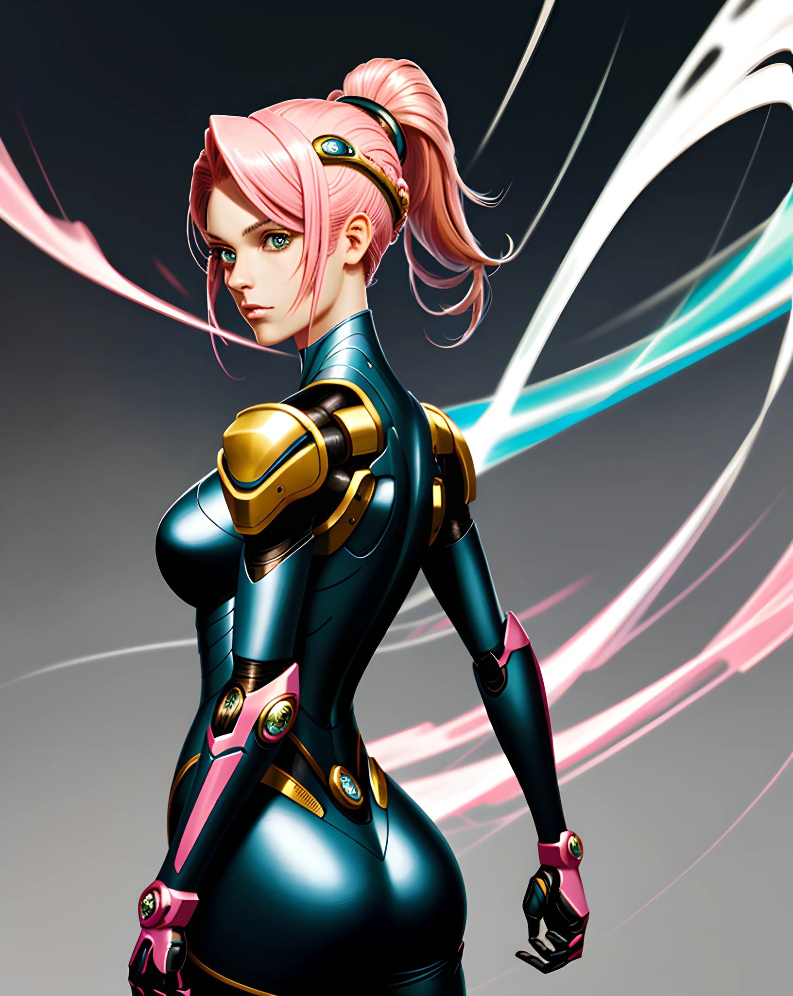 8k portrait of beautiful (cyborg) with pink hair, mecha musume scifi body suit, pauldrons, intricate, elegant, highly detailed, majestic, digital photography, art by artgerm and ruan jia and greg rutkowski surreal painting reflective, hairpin jewel, broken glass, (masterpiece, sidelighting, finely detailed beautiful eyes: 1.2), hdr, ass focus,heavenly ass