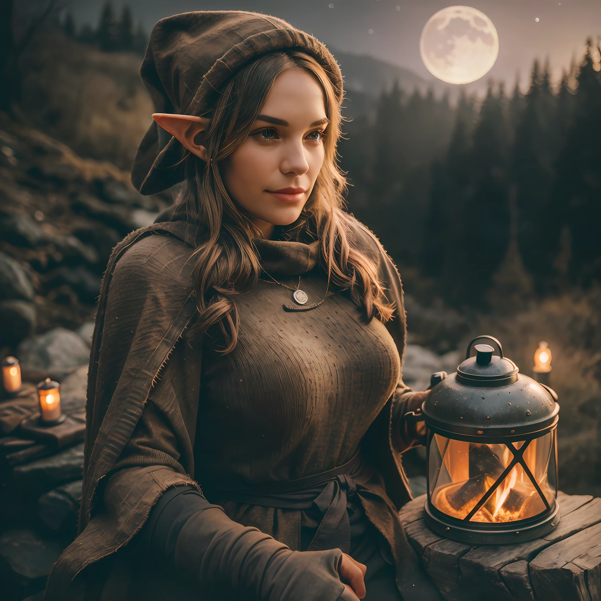 1 woman elf ((upper body selfie, happy)), masterpiece, best quality, ultra-detailed, solo, outdoor, (night), mountains, nature, (stars, moon) cheerful, happy, medieval, sleeping bag, camping stove, water bottle, mountain boots, gloves, cape, hat, lantern, forest, stones, river, wood, smoke, shadows, contrast, clear sky, style, (warm hue, warm tone:  1.2), close-up, cinematic light, side lighting, ultra high resolution, best shadow, RAW, upper body, wearing pullover