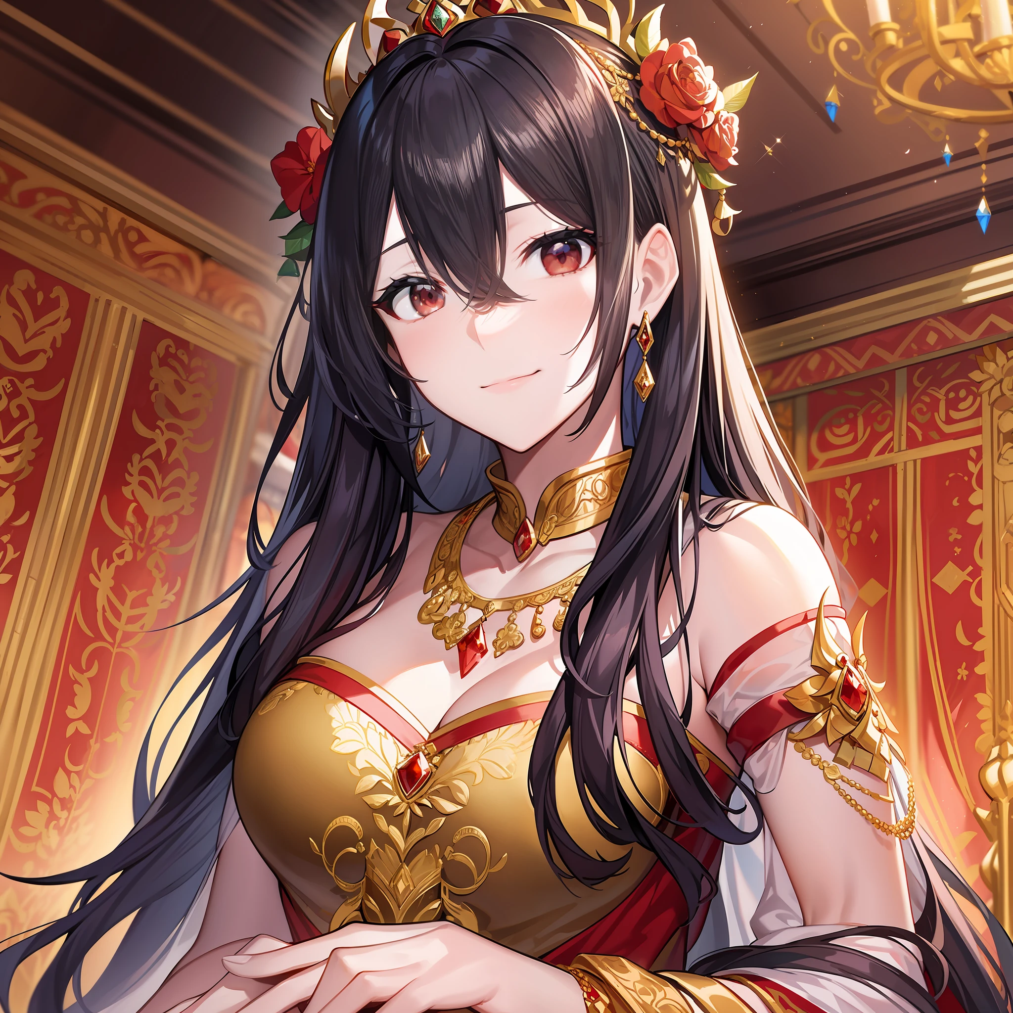 Character expression: The black-haired female emperor in a red wedding dress is a confident and charming person, her eyes are firm, slightly arrogant, and she condenses the gaze and attention of countless people.
Hairstyle and color: Her black hair is shawl, combed in big waves, elegant and sexy. Hair color appears rich and shiny.
Dress style and color: She wore a gorgeous red wedding dress embroidered with exquisite patterns and golden jade. Red symbolizes happiness and prosperity, and highlights her status and glory as an emperor.
Accessories on the figure: She wears a delicate bead necklace and earrings that sparkle softly. She wears a luxurious bracelet on her hand, which makes her even more eye-catching.
Character pose: She sits nobly on a jade throne, her body is slightly tilted, and she holds a light red silk tulle in her hand, seemingly enjoying the warmth of bathing in the sun. Her smile is soft yet majestic, making people feel like a spring breeze.
The light of the environment: The candlelight of the hall she is in flickering, and the faint light emits a faint color through the red window screen, which appears warm and elegant.
Atmosphere: It was a festive moment, and everyone was cheering for the emperor and praying for her happiness.
Environmental features: The hall is covered with ornate carpets, hanging exquisite bead curtains and rich tapestries. The hall is decorated with delicate garlands, and the fragrance is pleasant.
Ambient Time: This is a joyful and peaceful time to celebrate the wedding of the female emperor, showing the prosperity and prosperity of the royal family.