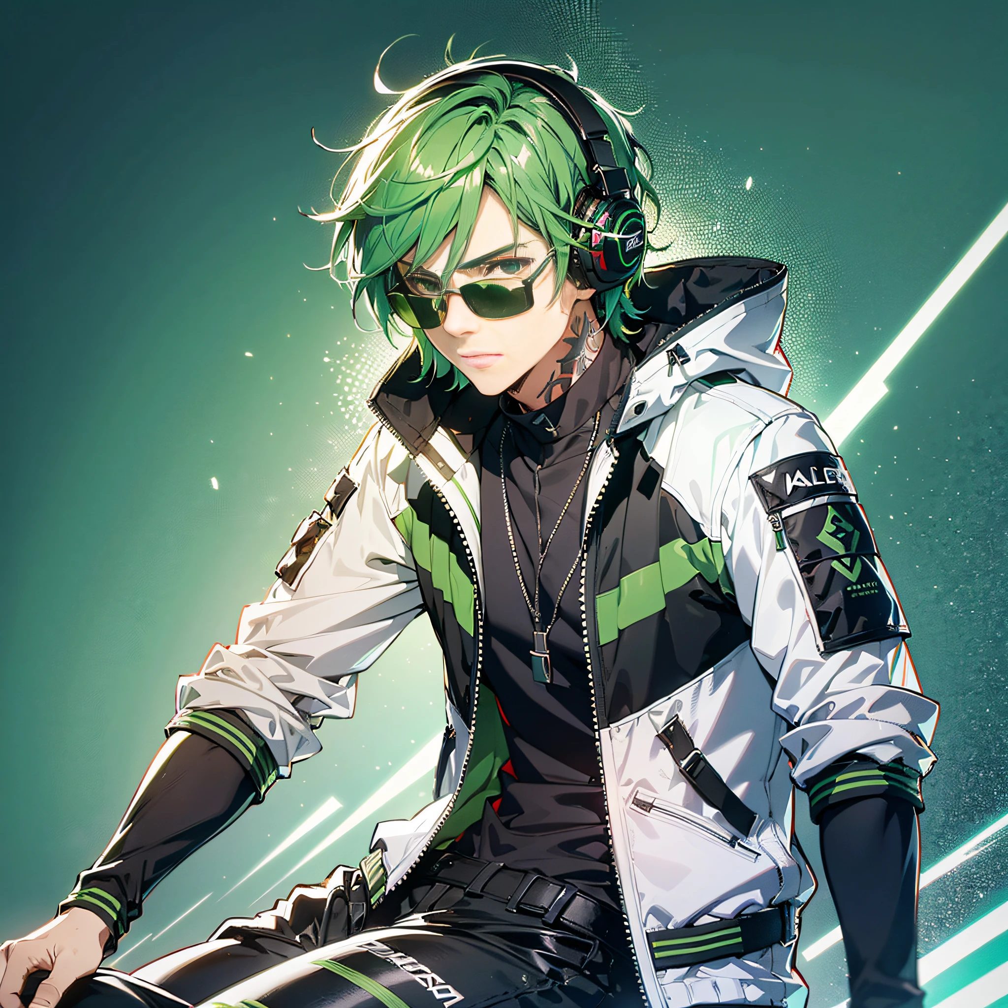 BREAK(male character art+valorent+gamer),(full body) (dynamic pose,dynamic angle,cool expression),(best quality,masterpiece,ultra-HD), (green hair:green hair:1.2),(green sunglasses),(cool green and white tech clothing),(open jacket),(headphones), (tattoos:1.1) (dim light:1.6) (rim light) (simple background)BREAK