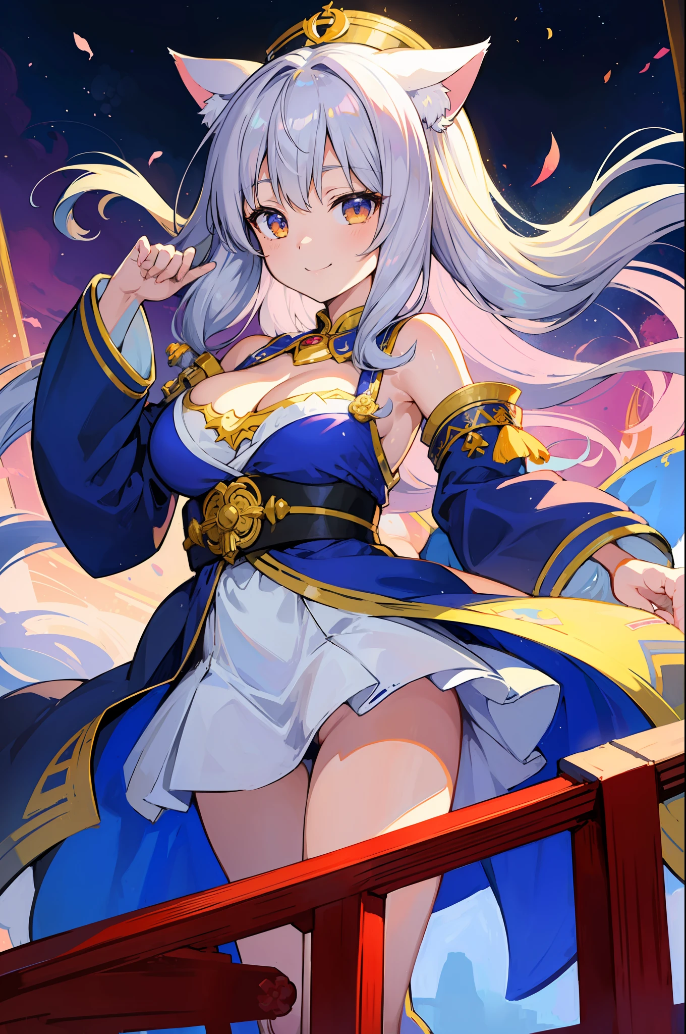 masterpiece, top quality anime illustration, super definition, one girl, solo, beautiful girl with silver hair, anime loli, cat ear loli, priestess costume, loli priestess costume, Japan priestess costume, smile, cleavage emphasis, lower breast emphasis, thigh focus