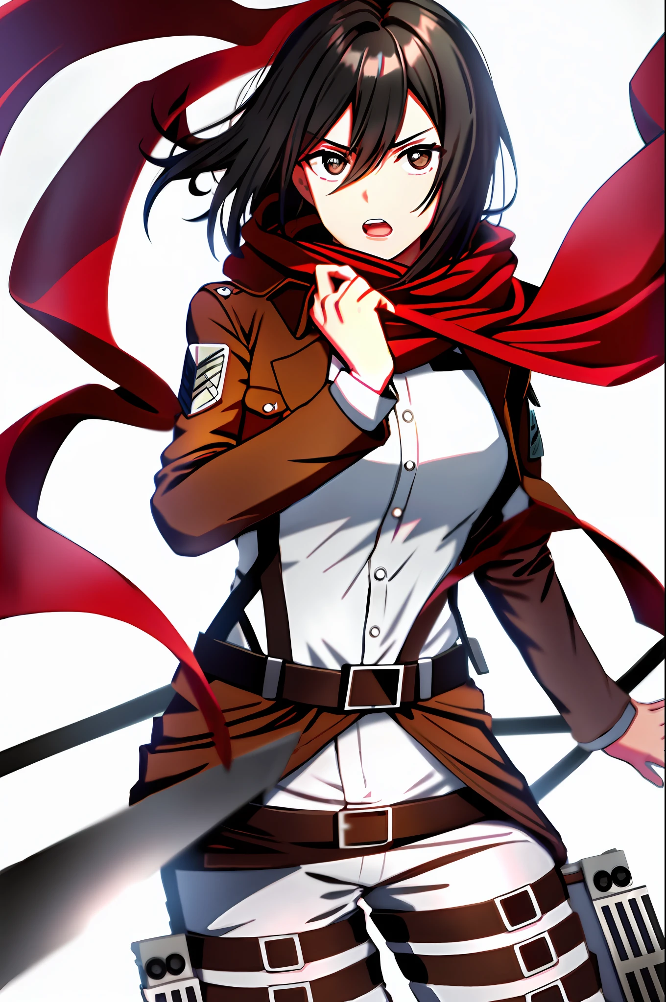 mikasa ackerman, shingeki no kyojin, 1girl, bangs, belt, belt buckle, black eyes, black hair, brown belt, brown jacket, buckle, dress shirt, hair between eyes, jacket, long sleeves, medium hair, open clothes, open jacket, open mouth, paradis military uniform, red scarf, scarf, shirt, solo, standing, straight hair, suspenders, three-dimensional maneuver gear, white background, white shirt, wing collar
, ((masterpiece))