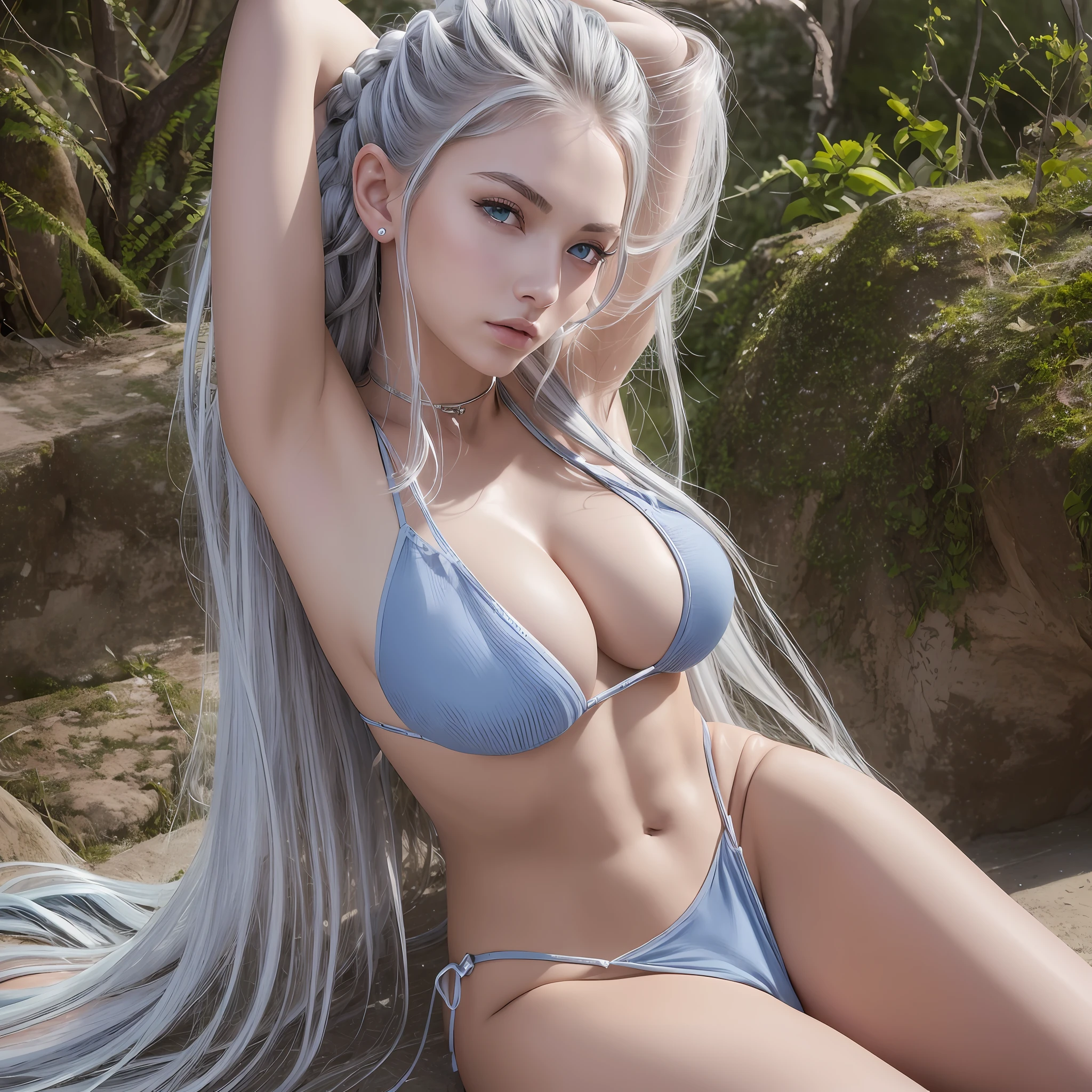 High resolution, top quality, masterpiece, ultra high image quality, super detail, surreal, very pretty woman, shining silver hair, braided, blue eyes, moisturized lips, slender, huge breasts, lower breasts, outstanding proportions, 10 headed body, small sexy T-front bikini, full body, from one arm to armpit, sitting, spread legs