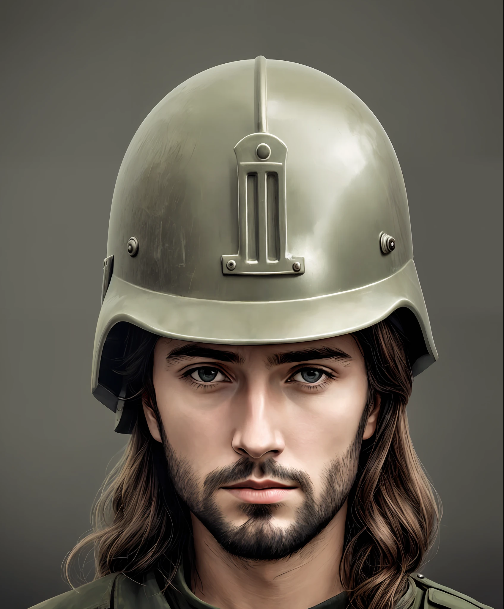 Portrait, jesus in helmet, second war, sad, night