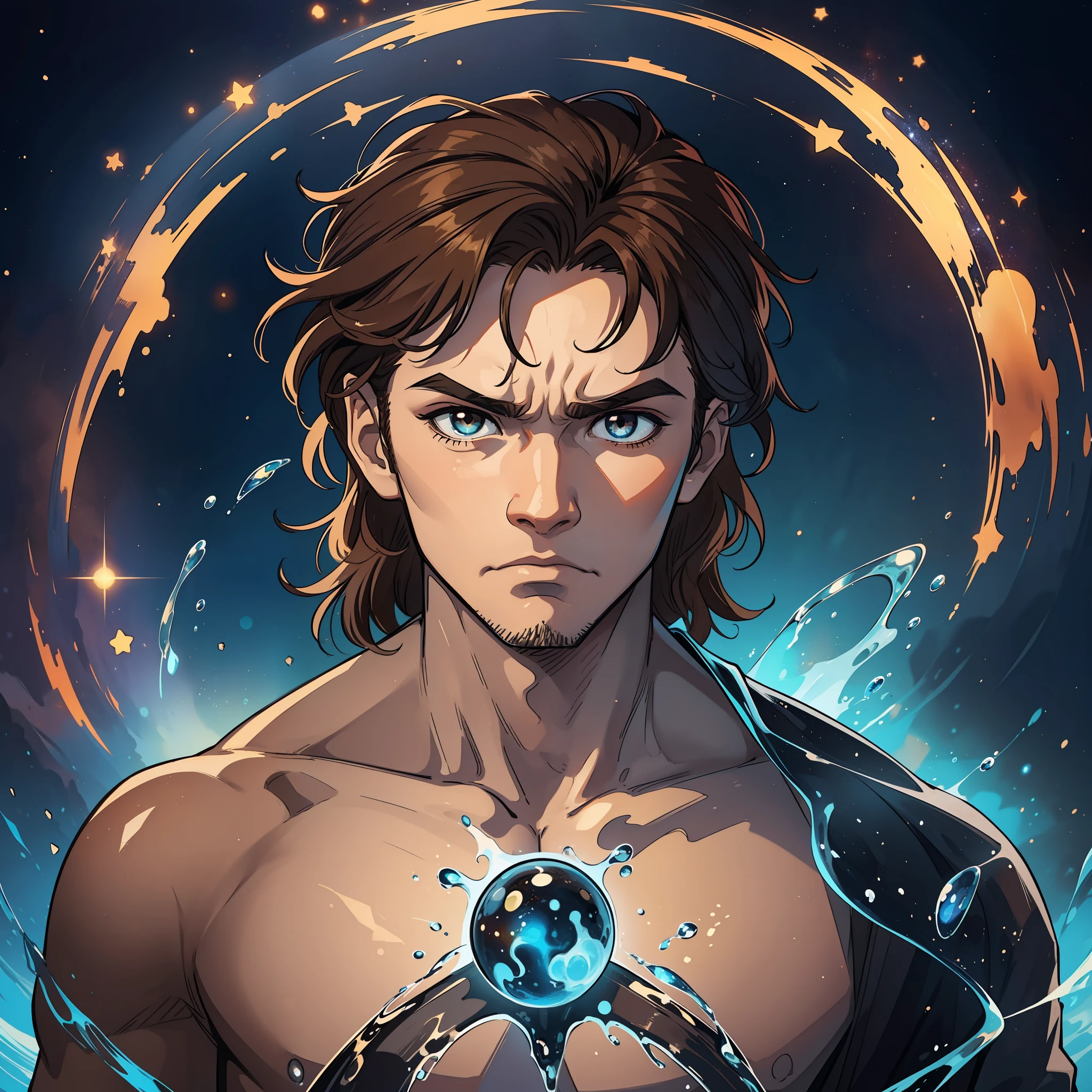 create a man with unique characteristics, inspired by the sign of Scorpio and the cosmological stars An artistic representation of the essence of this sign, with striking features and a mysterious aura, leave in evidence traces and use mystical tones and colors that represent the water element, leave in evidence the water element that represents the sign of Scorpio,  brown brown hair and traces of the East, a man with a look of anger and fury