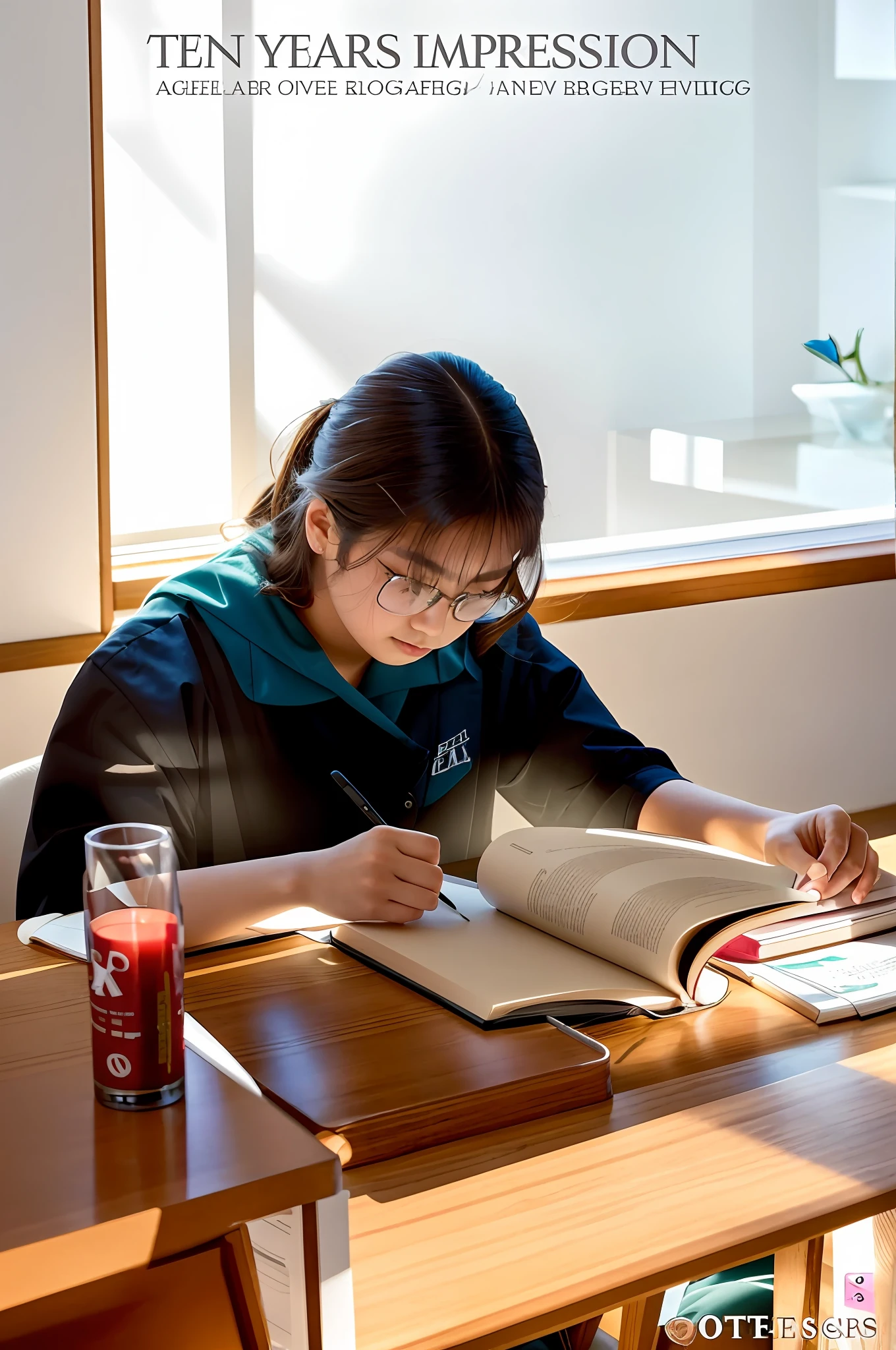 There is a young girl sitting at a table reading a book, studying in a bright room, studying, trying to learn, studying in the bedroom, green table, studious, student, library studying, studious chiaroscuro, portrait of a Japanese teenager, elegant study, reading a new book, shot with Sony Alpha 9, shot on Canon EOS R 6