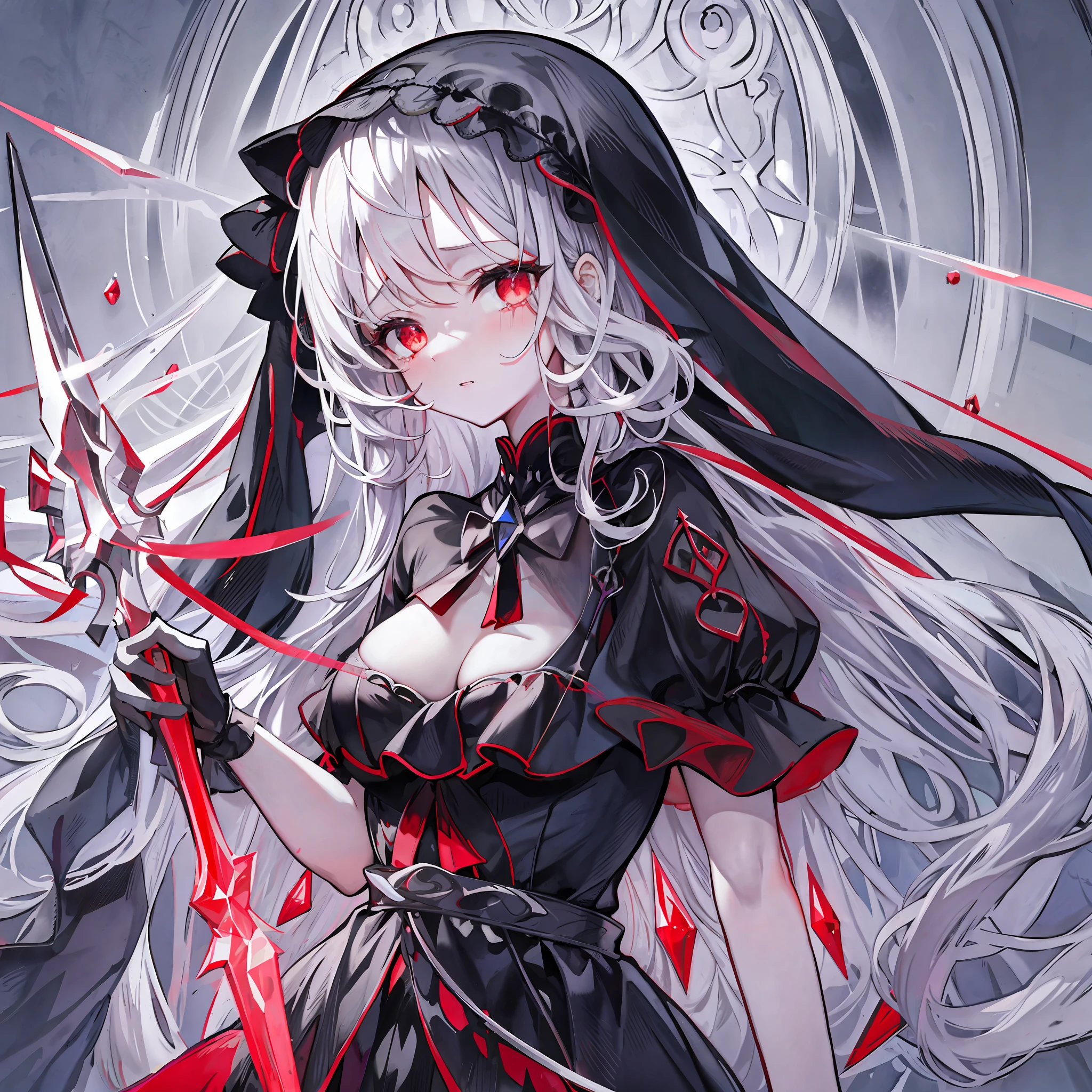 Anime girl with long white hair High detail official artwork, veil, broken glass, loli face, {{loli}}, holding a crystal sword, illustrations, cleavage, white theme, {{short hair}}, {{wavy hair}}, cathedral, fantasy, white background, white art, arcaea art, red eyes, sexy, red white black theme, red black and white crystal, drooping eyes, small breasts, small round face, transparent black and white dress, full body, erotic art, front, Clear clothes, tears, beautiful clothes, sexy underwear, holding objects (crystal sword)