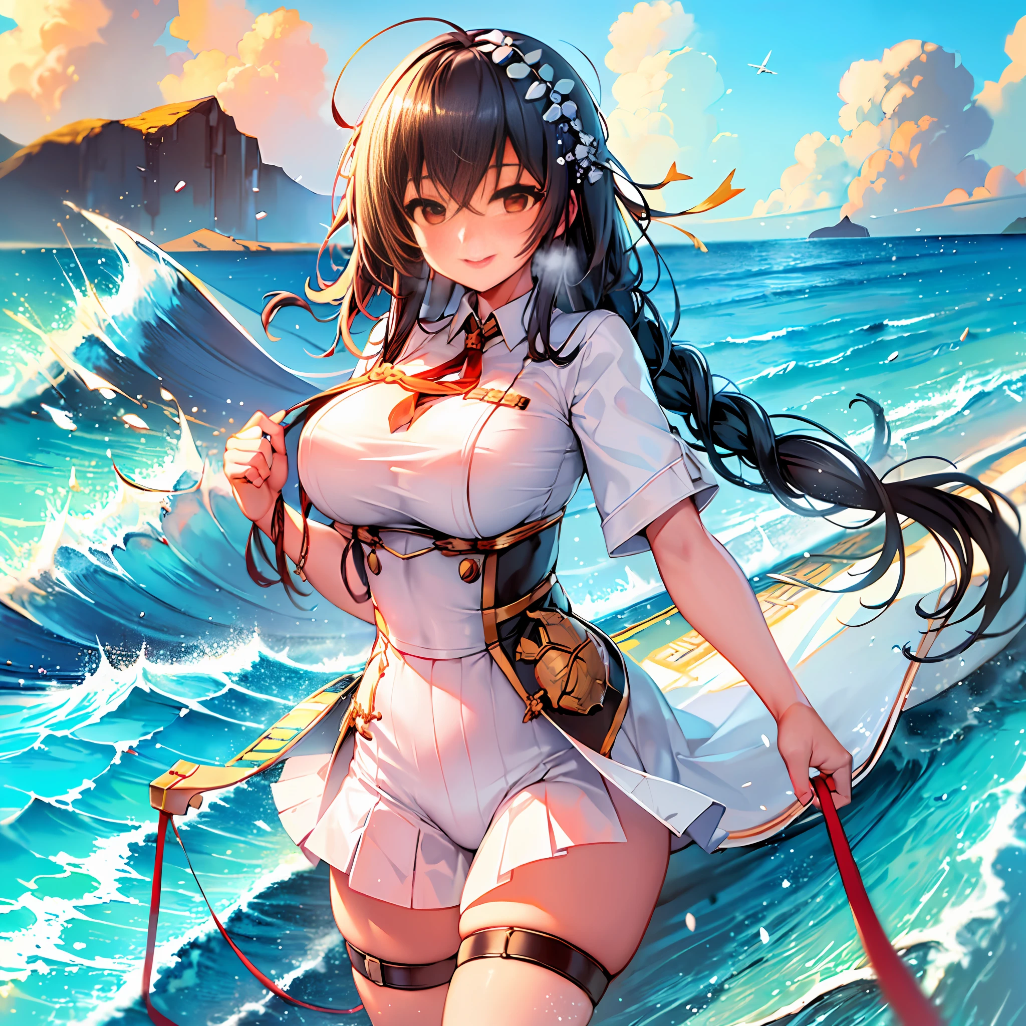 "((best quality)), extremely detailed,CG,high resolution,waist-up, dynamic pose, (taihou_(azur_lane)),smiling, blue sky, white clouds,blue ocean,waves, splash, aircraft carrier deck, brown hair, two braids, ribbon, white outfit, glowing, military theme"