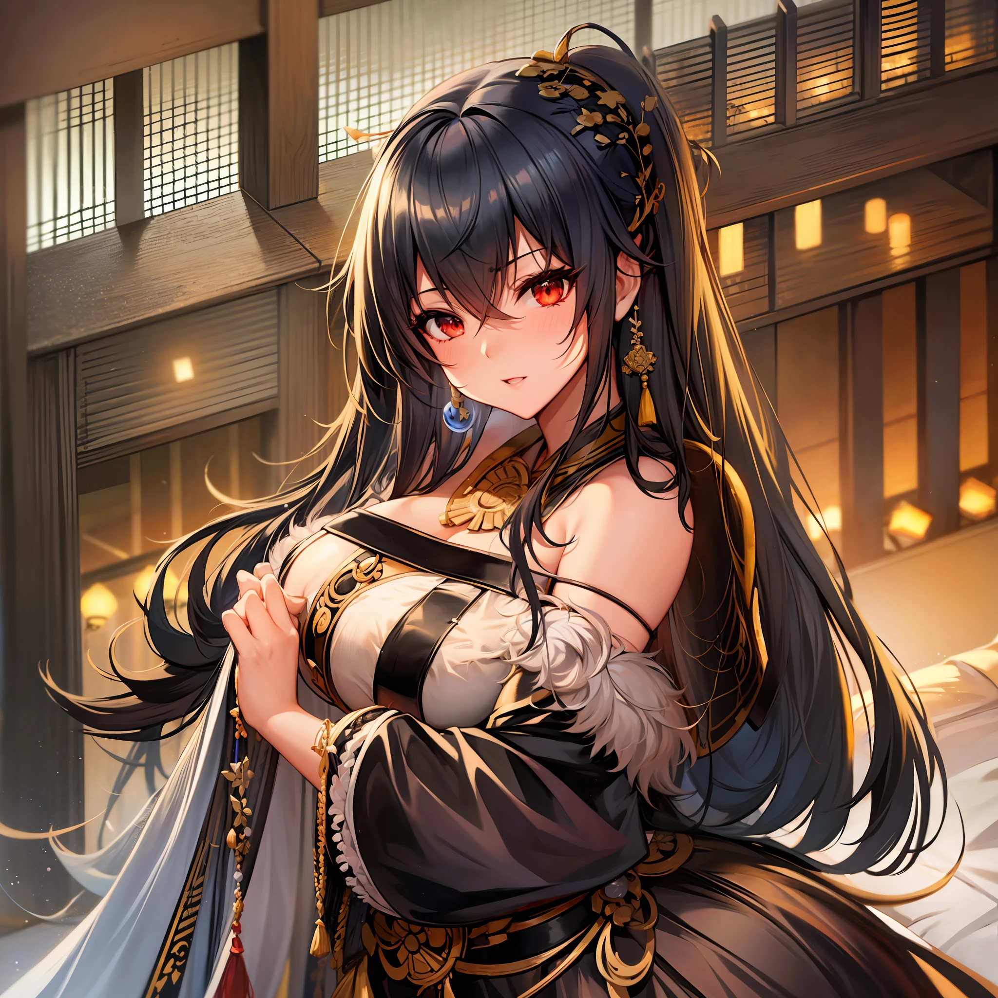 Chica de anime con cabello largo y negro y un top de sujetador negro, Anime Goddess, Kantai Collection Style, Japanese Goddess, Azur Lane Style, Trending on Artstation Pixiv, Detailed Digital Anime Art, Seductive Anime Girl, From the Azure Lane Videogame, Guweiz on Pixiv Artstation, Onmyoji, Anime Style 4K, Anime Moe Artstyle, taihou (azur lane)