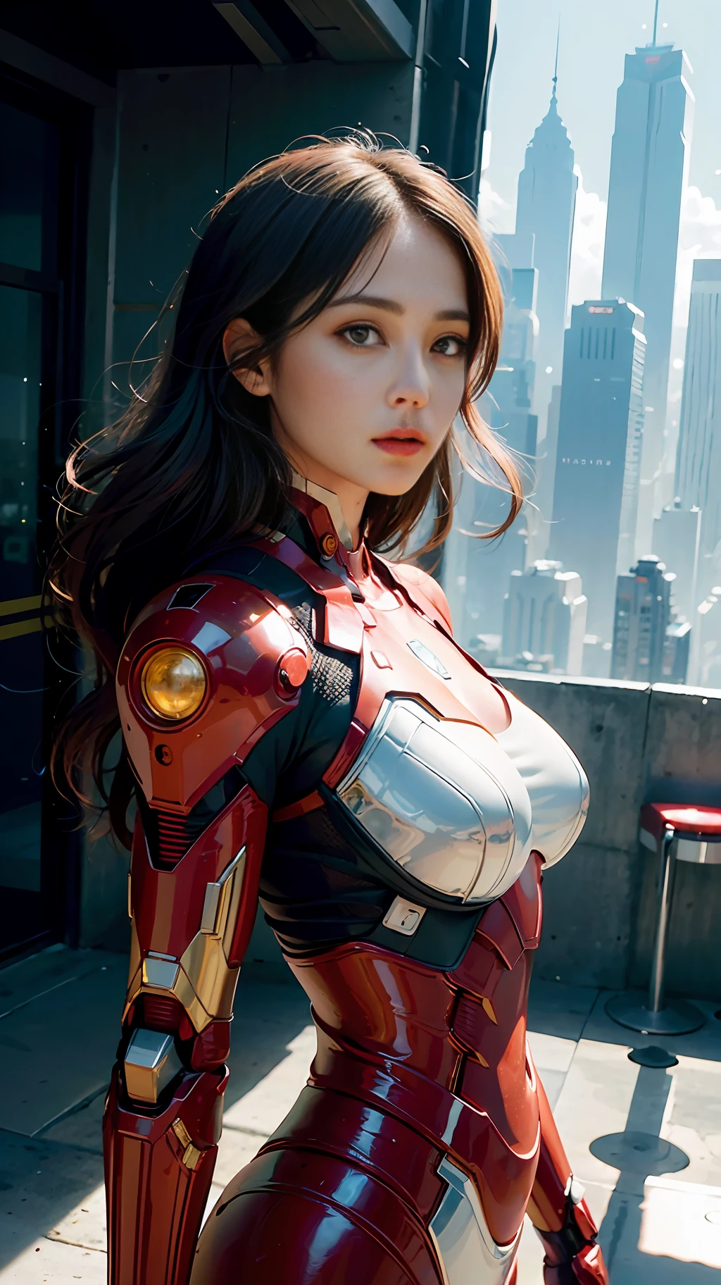 (1girl:1.3), solo, __body-parts__, official art, unified 8k wallpaper, super detailed, beautiful and aesthetic, beautiful, masterpiece, best quality, raw, masterpiece, super fine photo, best quality, super high resolution, photorealistic realism, sunlight, full body portrait, amazing beauty, dynamic pose, delicate face, vibrant eyes, (viewed from the side), big breasts, she is wearing a futuristic Iron Man mech, red and gold color scheme, Very detailed futuristic city background, detailed face, gorgeous, milky white, highly detailed skin, realistic skin details, visible pores, sharp focus, volumetric fog, 8k uhd, DSLR, high quality, film grain, fair skin, photo realism, lomography, huge metropolis in futuristic dystopia, seen from below, translucent