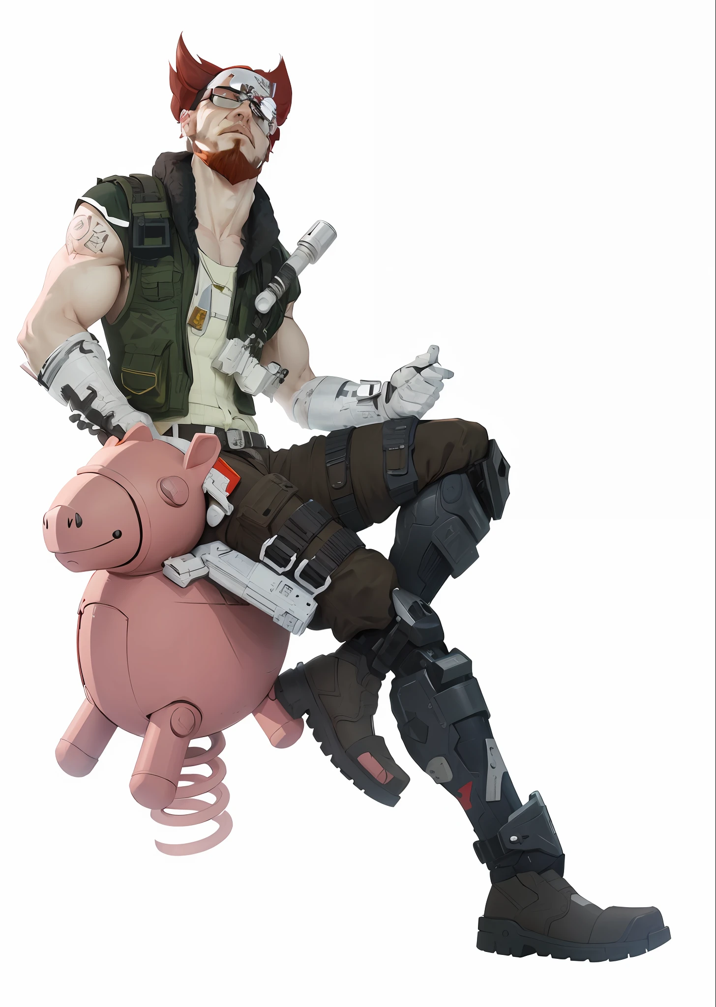 cartoon image of a man riding a toy pig with a red beard and a grenade in place on his nose, metal gear snake, video game character, big boss, metal gear solid art style, hog rider, video game fanart, metal gear, SFM making in the background a futuristic city at night