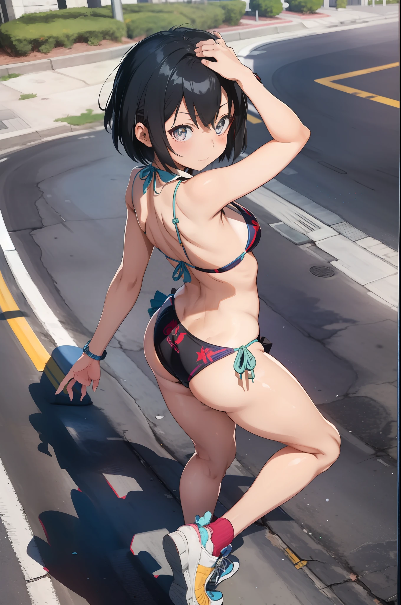 1 sexy girl, street scenery,people,posing on a sidewalk,posing for a magazine, (magazine cover), full body, bikini, (Loli), peni Parker, beautiful, (), ((micro bikini)), good anatomy, masterpiece, back, looking back, showing her ass