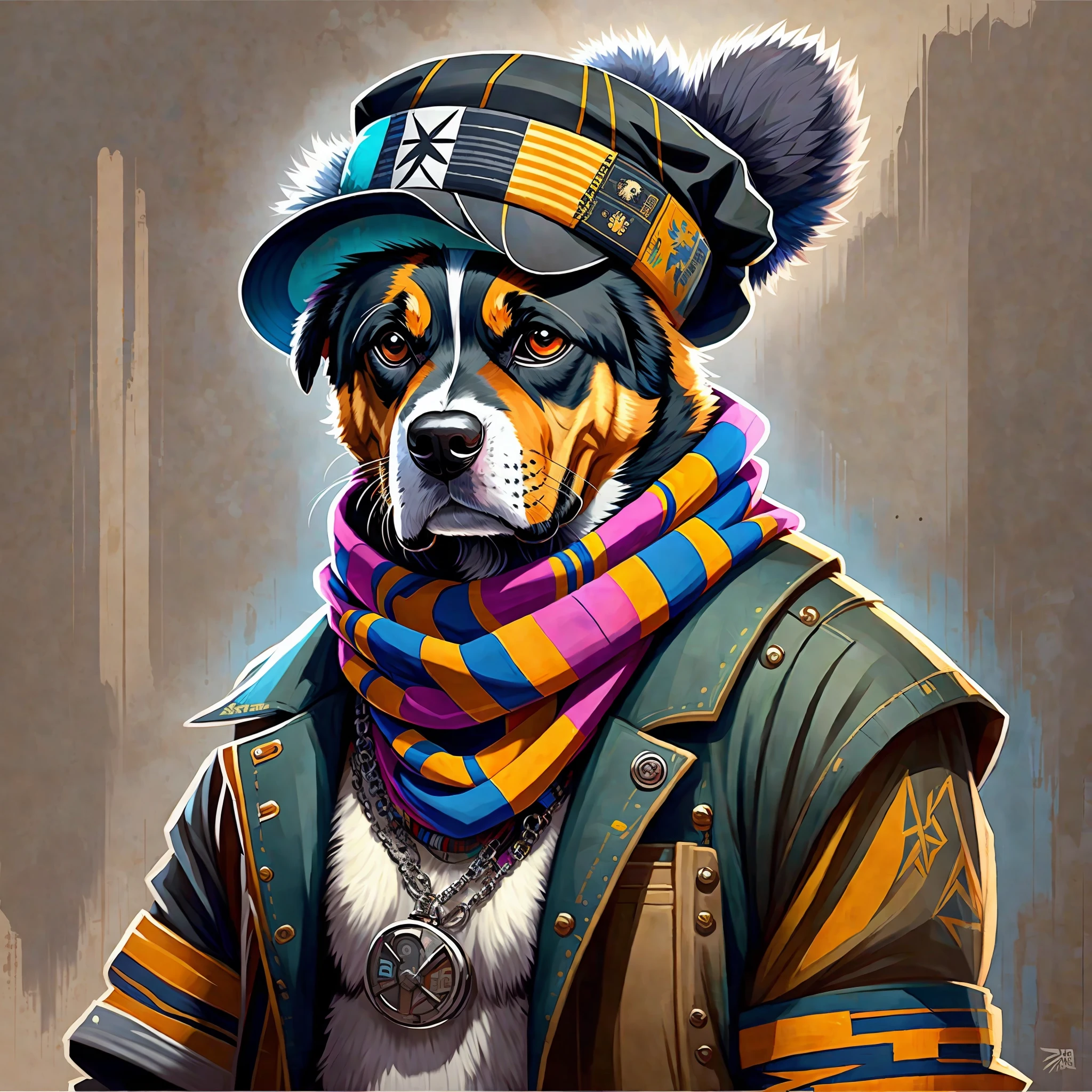 a painting of a dog wearing hat and scarf, trend in the art station, dressed in punk clothes, detailed hyper realistic rendering, british gang member, street style, intimidating pose, planet of dogs, fashionable clothes, urban samurai, , West Slavic features, 8 1 5 --auto --s2