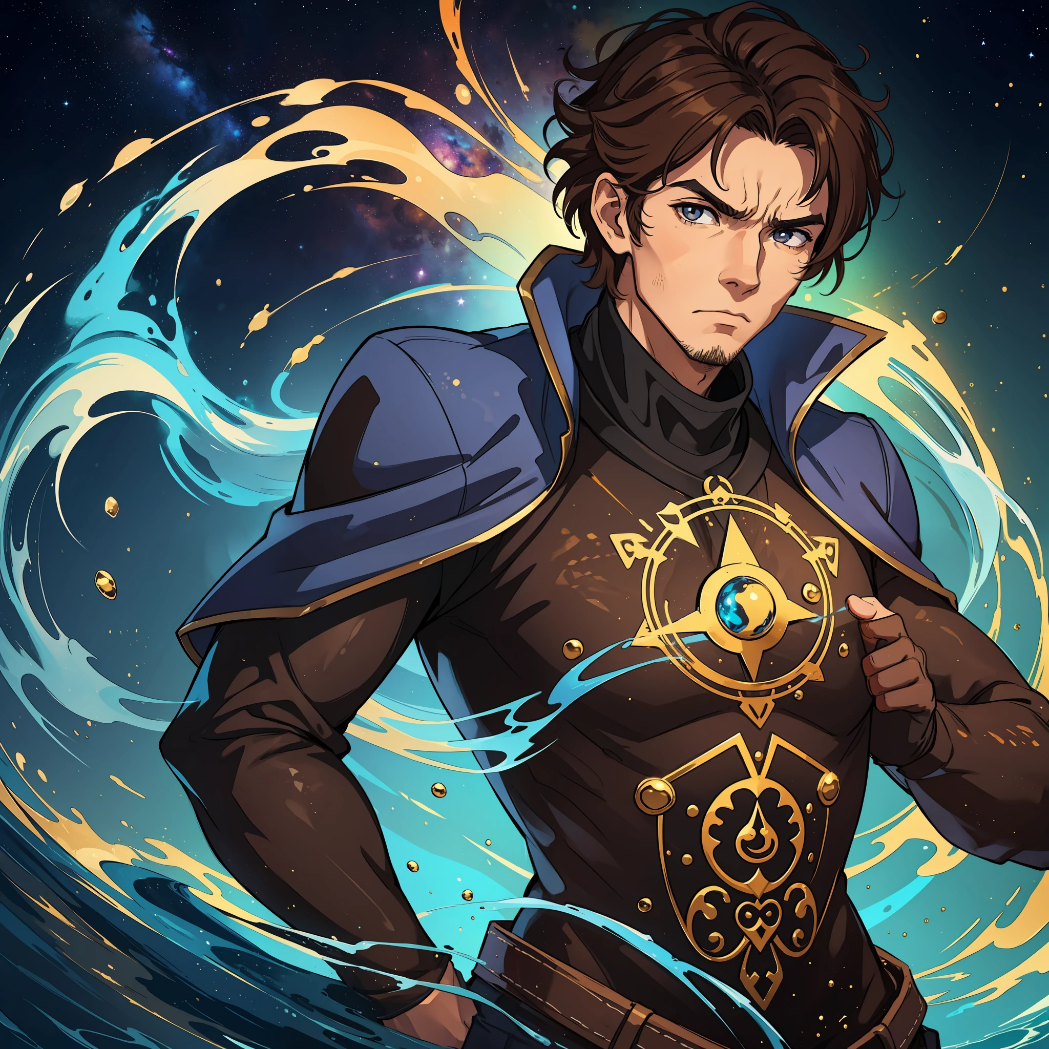 create a man with unique characteristics, inspired by the sign of Scorpio and the cosmological stars An artistic representation of the essence of this sign, with striking features and a mysterious aura, leave in evidence traces and use mystical tones and colors that represent the water element, leave in evidence the water element that represents the sign of Scorpio,  brown brown hair and traces of the East, a man with a look of anger and fury