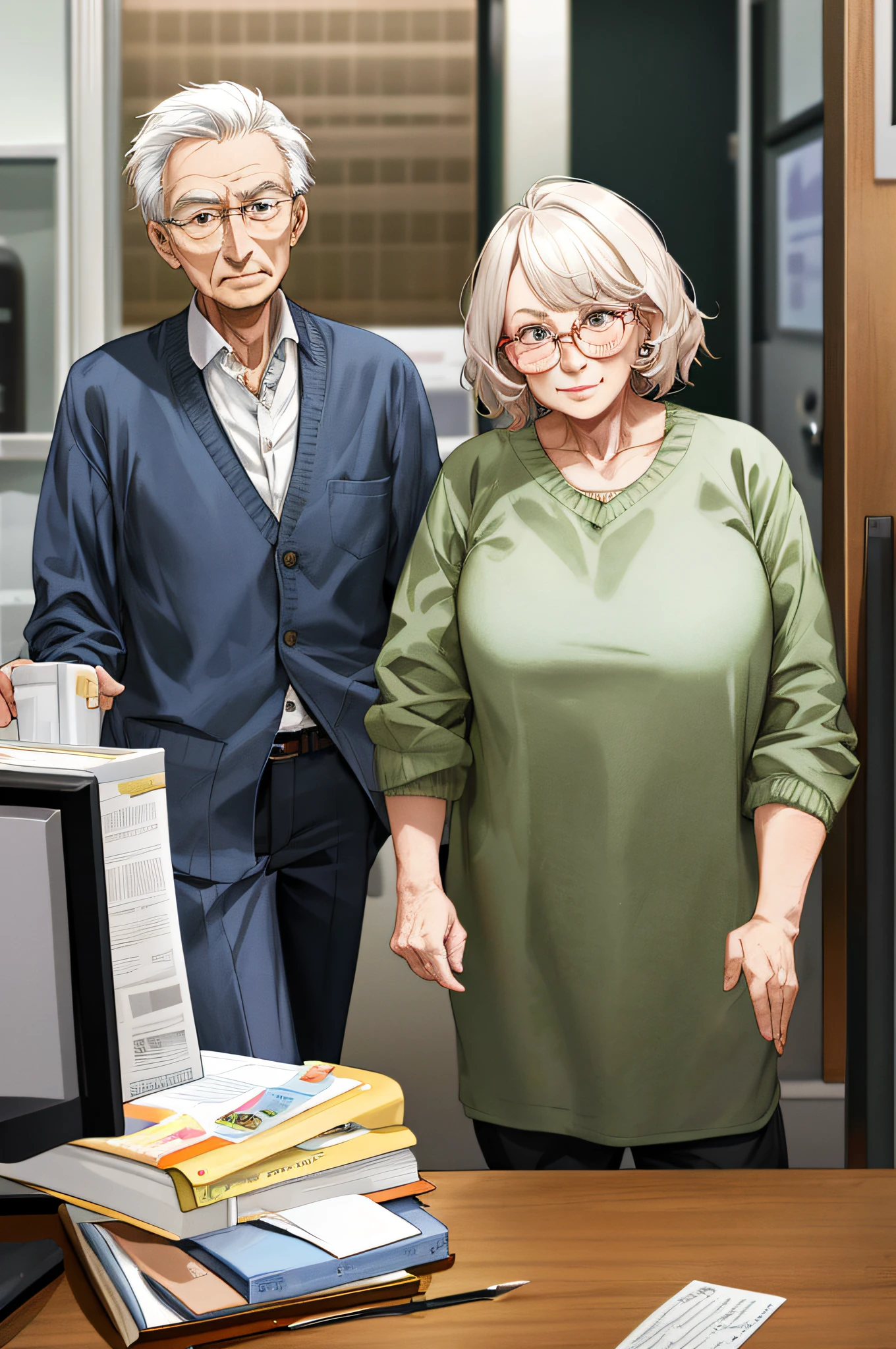 A couple, Both are seventy years old, Ordinary clothing, a serious expression, office, high quality
