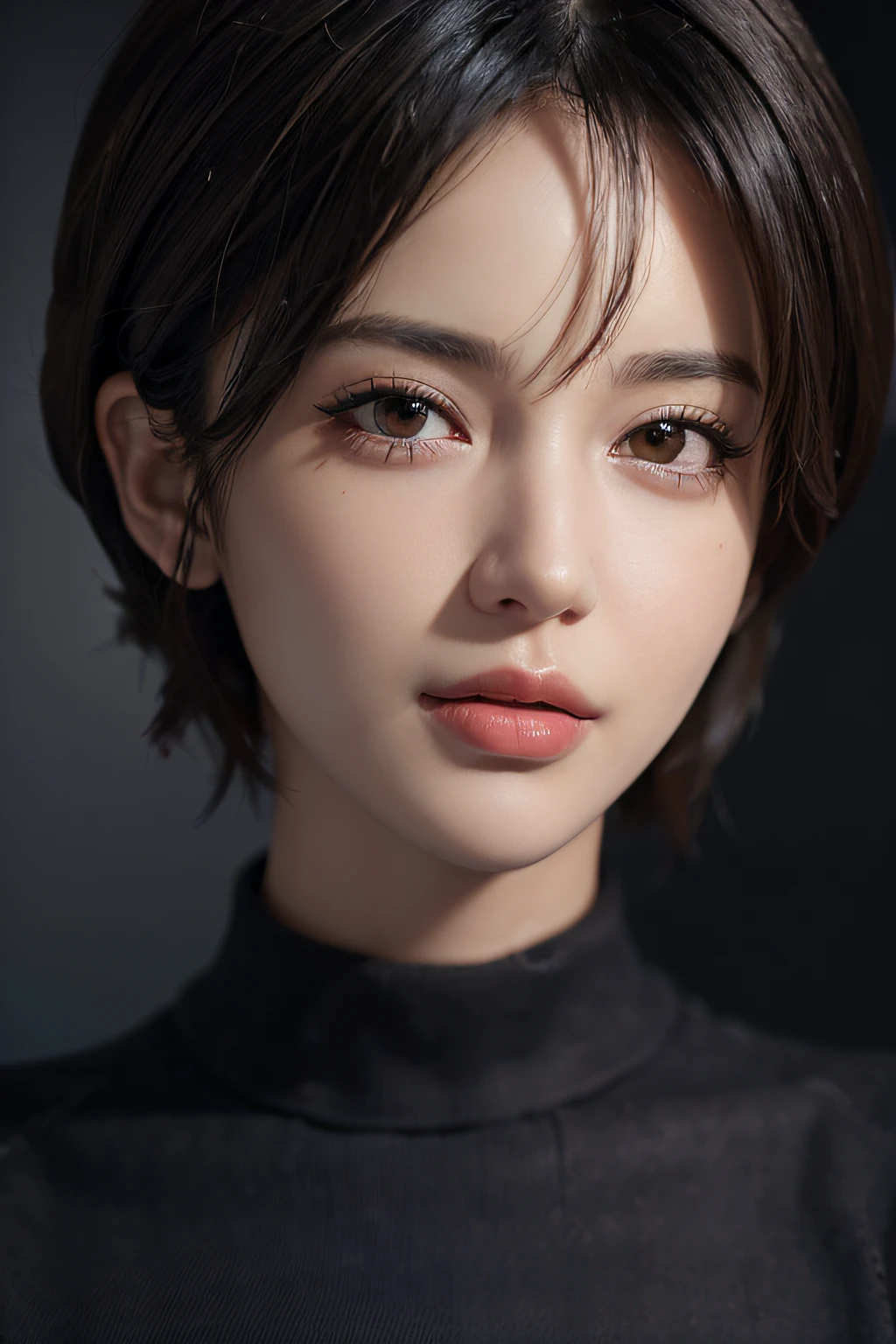 (masterpiece:1.3), (8k, photorealistic, RAW photo, best quality: 1.4), (1girl), beautiful face, (realistic face), (black hair, short hair:1.3), beautiful hairstyle, realistic eyes, beautiful detailed eyes, (realistic skin), beautiful skin, (sweater), absurdres, attractive, ultra high res, ultra realistic, highly detailed, golden ratio