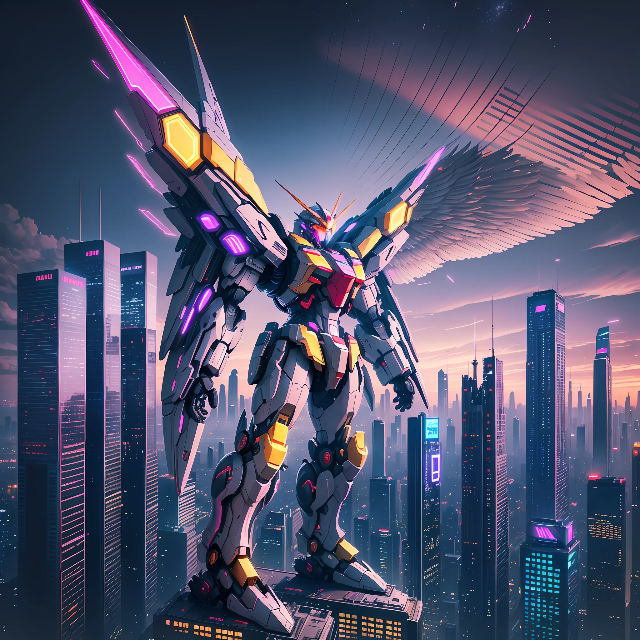 Wings of an Angel Giant Robot Skyscrapers Night View Neon Gundam Cyberpunk Top Quality Masterpiece Sci-Fi Future World