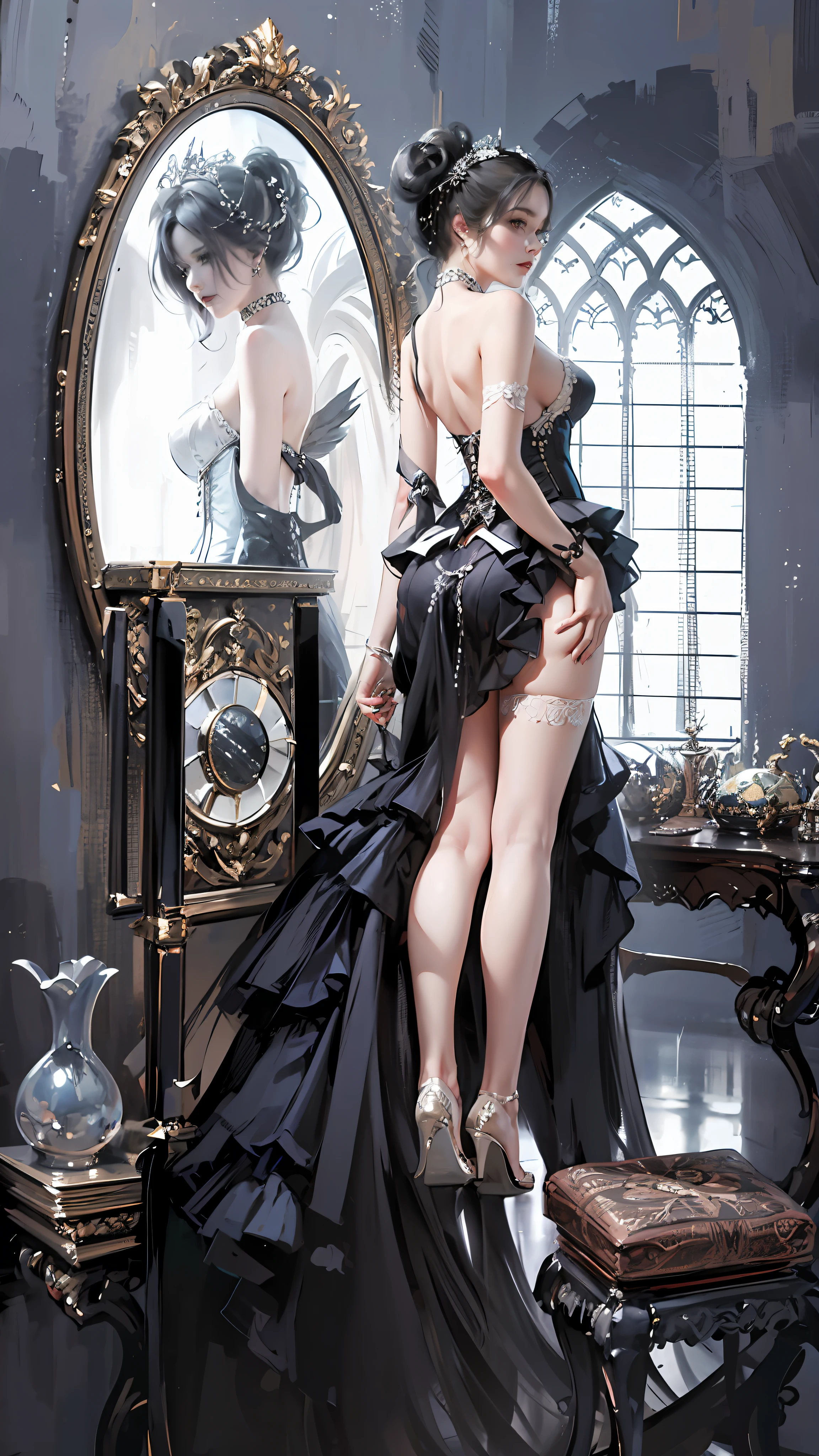 There is a woman in a corset standing in front of a mirror, delicate facial features, beautiful and seductive woman, medium chest, a mirror, exquisite details. Girl Front, Gothic Girl Girl, Thick Paint, 8K High Quality Detail Art, Guvez Style Art