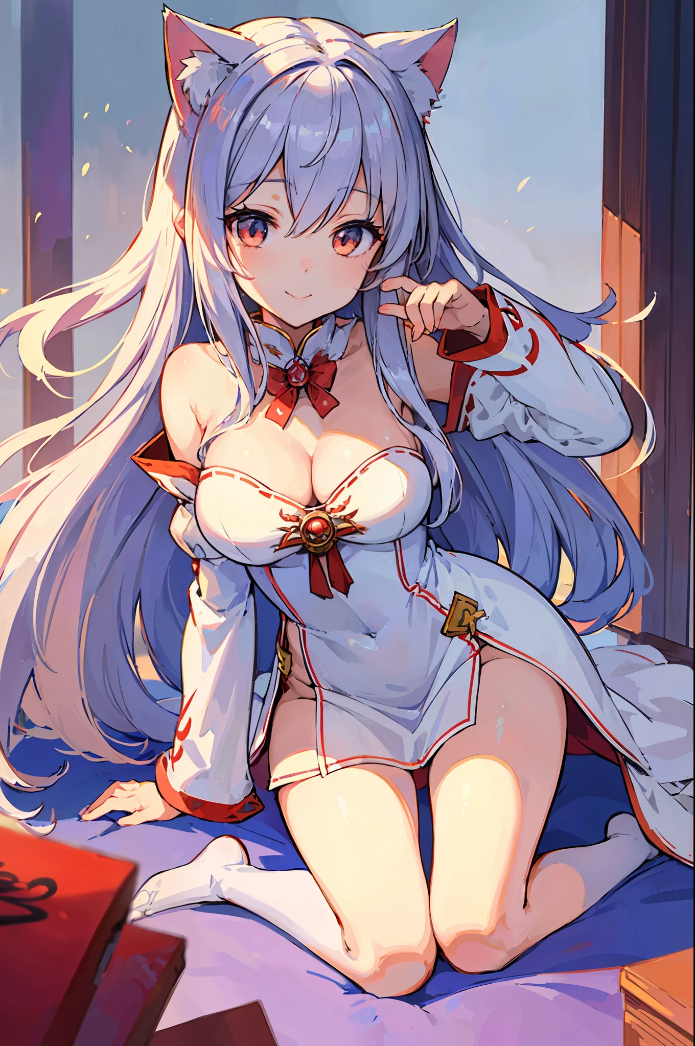 masterpiece, top quality anime illustration, super definition, one girl, solo, beautiful girl with silver hair, anime , cat ear lolid and white priestess costume, loli priss, smile, cleavage emphasis, lower breast emphasis, thigh focus