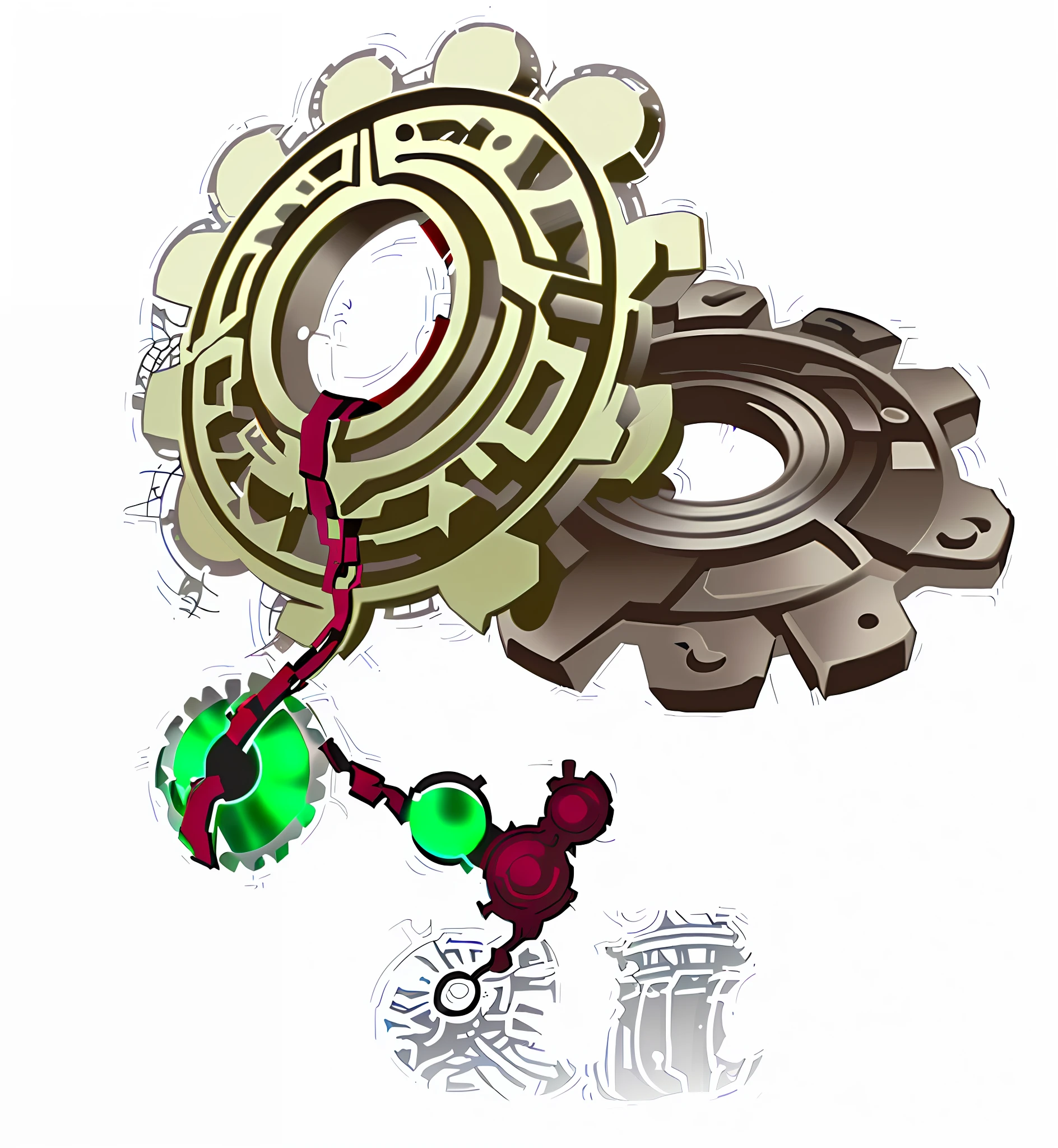gears and a green light are connected to a chain, object concept art, cogwheel, mechanized art concept, mechanical gear, concept artwork, gear aurora, cogs, mechanical paw, ((gears)), intricate gears details, concept art, concept art, gears, cogs and springs and jewels, mechanical detail, kaladesh concept art. mechanical, gearwheels