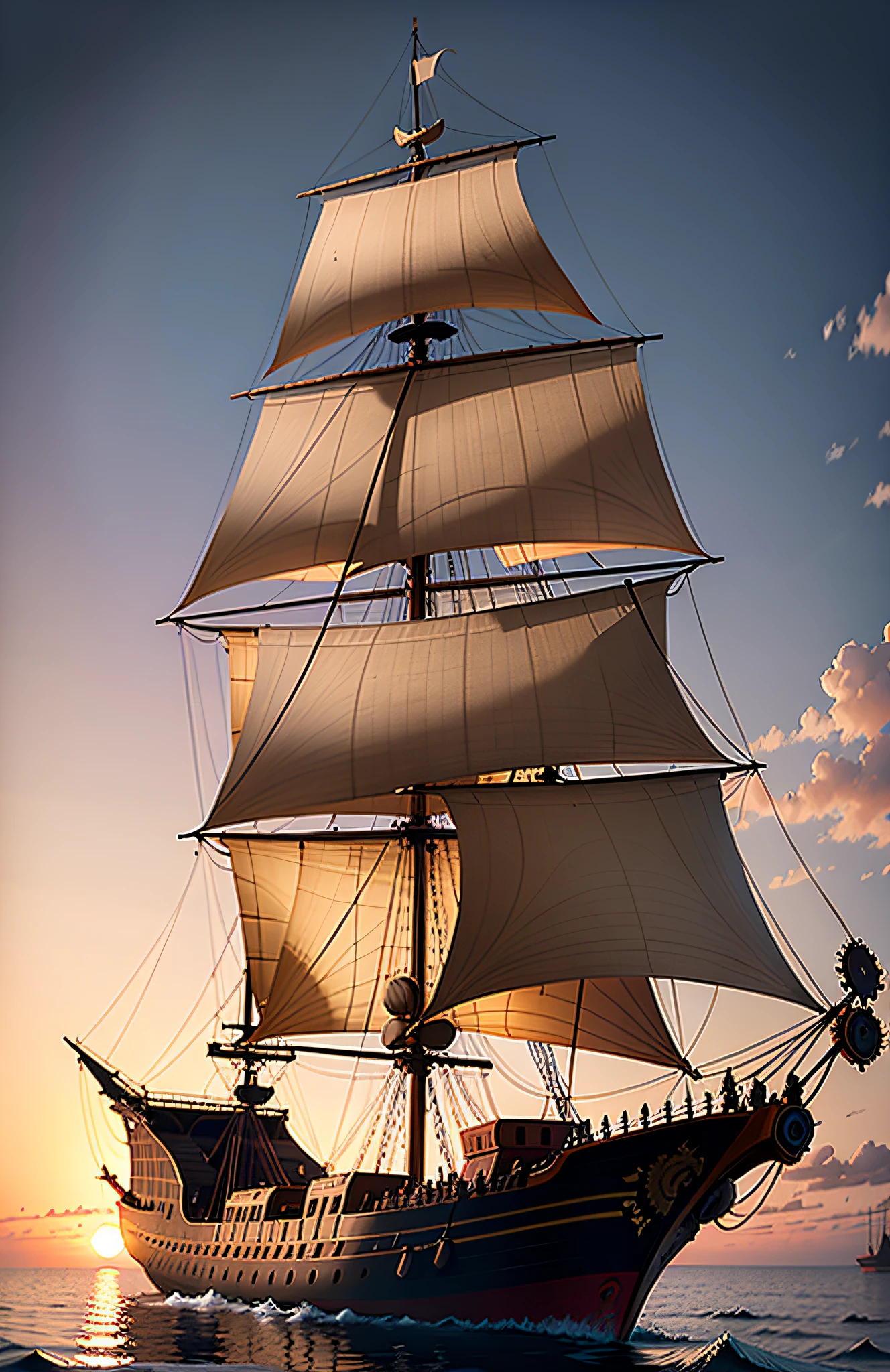 sunset in evil, an ancient caravel ship sailing lonely, gaiovtas flying in the sky, Minimalism, Surrealism, Conceptual art, ray tracing, cinematic lighting, super detail, high details, high quality, 8k, 16k, award winning
