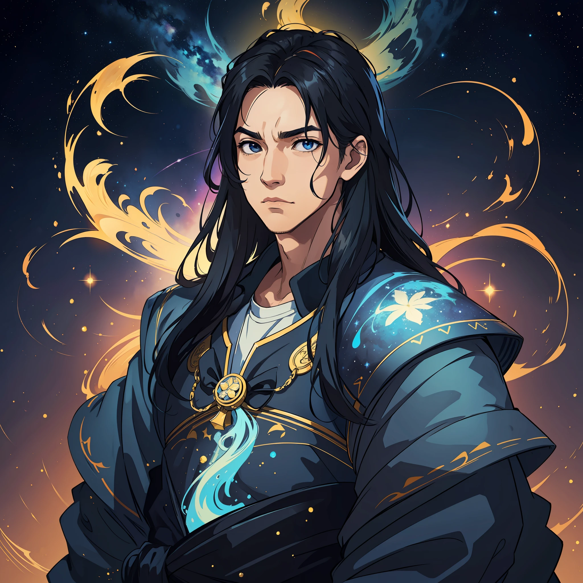 create a man with unique characteristics, inspired by the sign of Aquarius and the cosmological stars An artistic representation of the essence of this sign, with striking features and a mysterious aura, leave in evidence traces and use mystical tones and colors that represent the element air, leave in evidence the element air that represents the sign of Scorpio,  long black hair like a samurai, a man with a look of wisdom