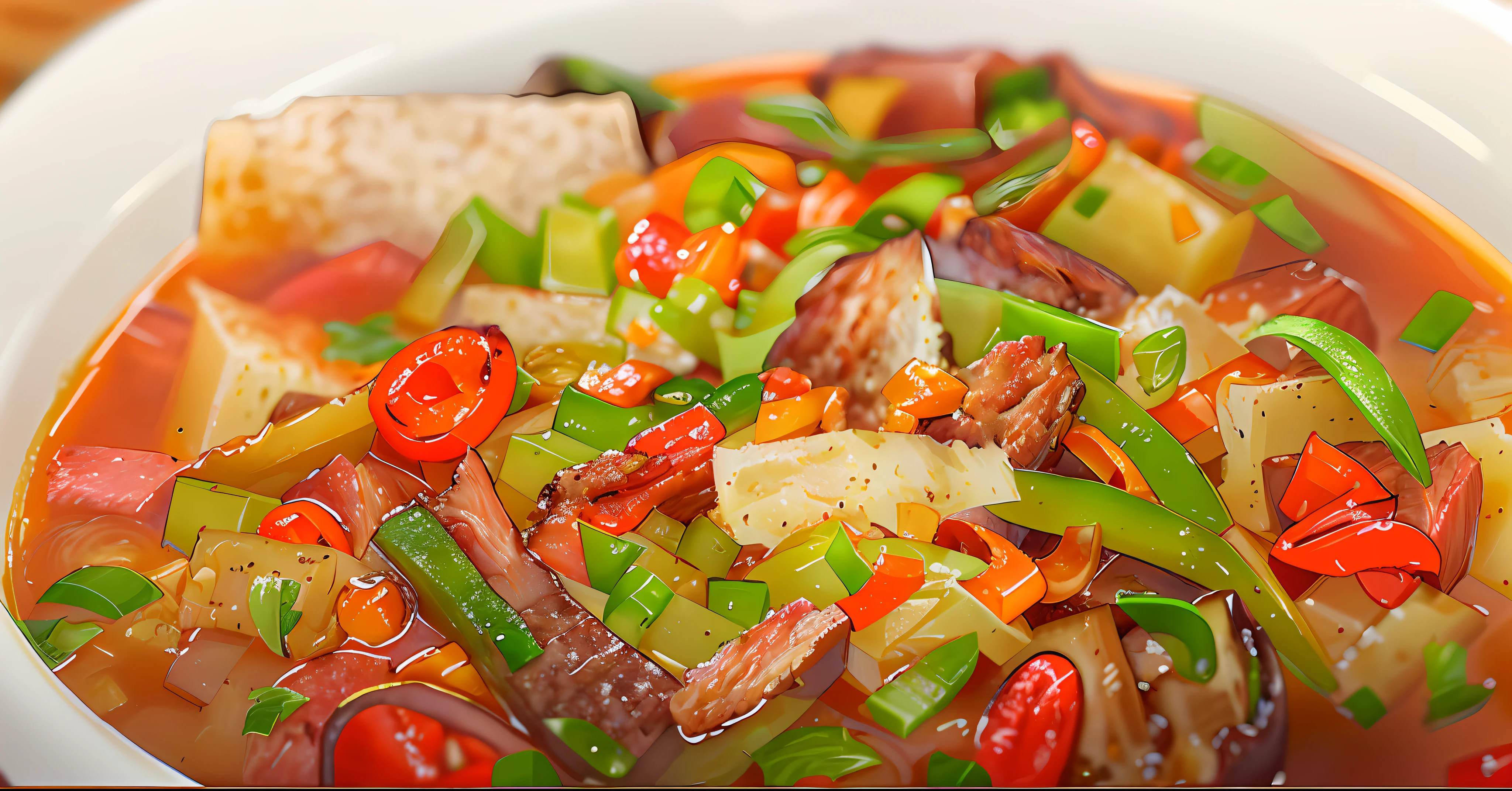 A hearty lunch in an instant: a scorching soup with corned beef, beans and peppers