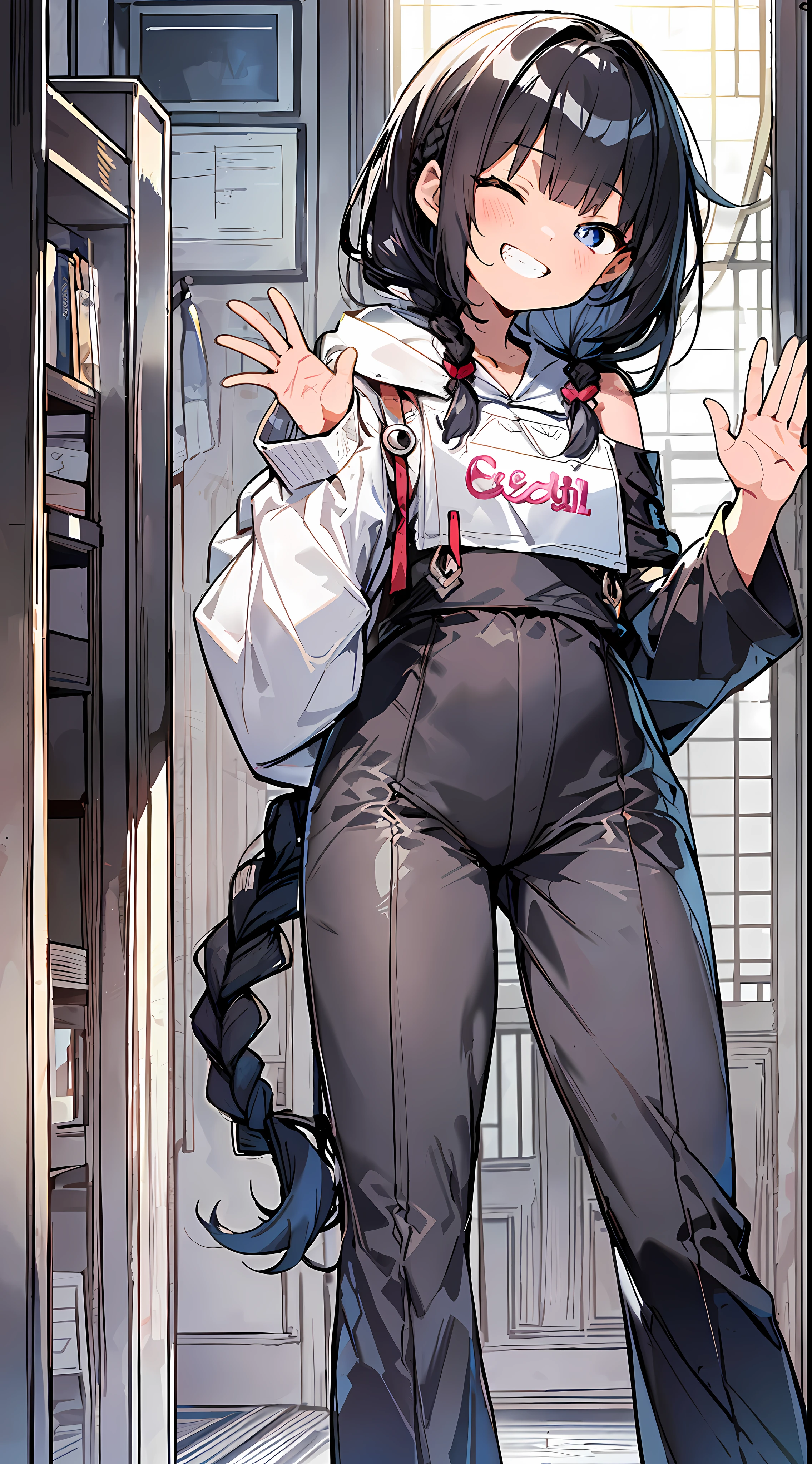 Top Quality, Best Masterpiece, Ultra High Resolution, 8k, White Hoodie, Anime-style Little Loli, Single, Ultra-Detailed Line Art, Digital Enhancement, Anime Core, Flowing Fabric, Close Up, ((Hair length to shoulder and short braid)), staring at us from the front, Soft drawing, Beautiful black hair, (((Little girl in anime style)), crisp eyes, grin, teeth, wide mouth, closed eyes, highfive, ultra-detailed digital anime art, clear face depictions, ultra-detailed anime character art, ultra-detailed manga style, top quality colors, hand gestures, foot-up angles, indoors